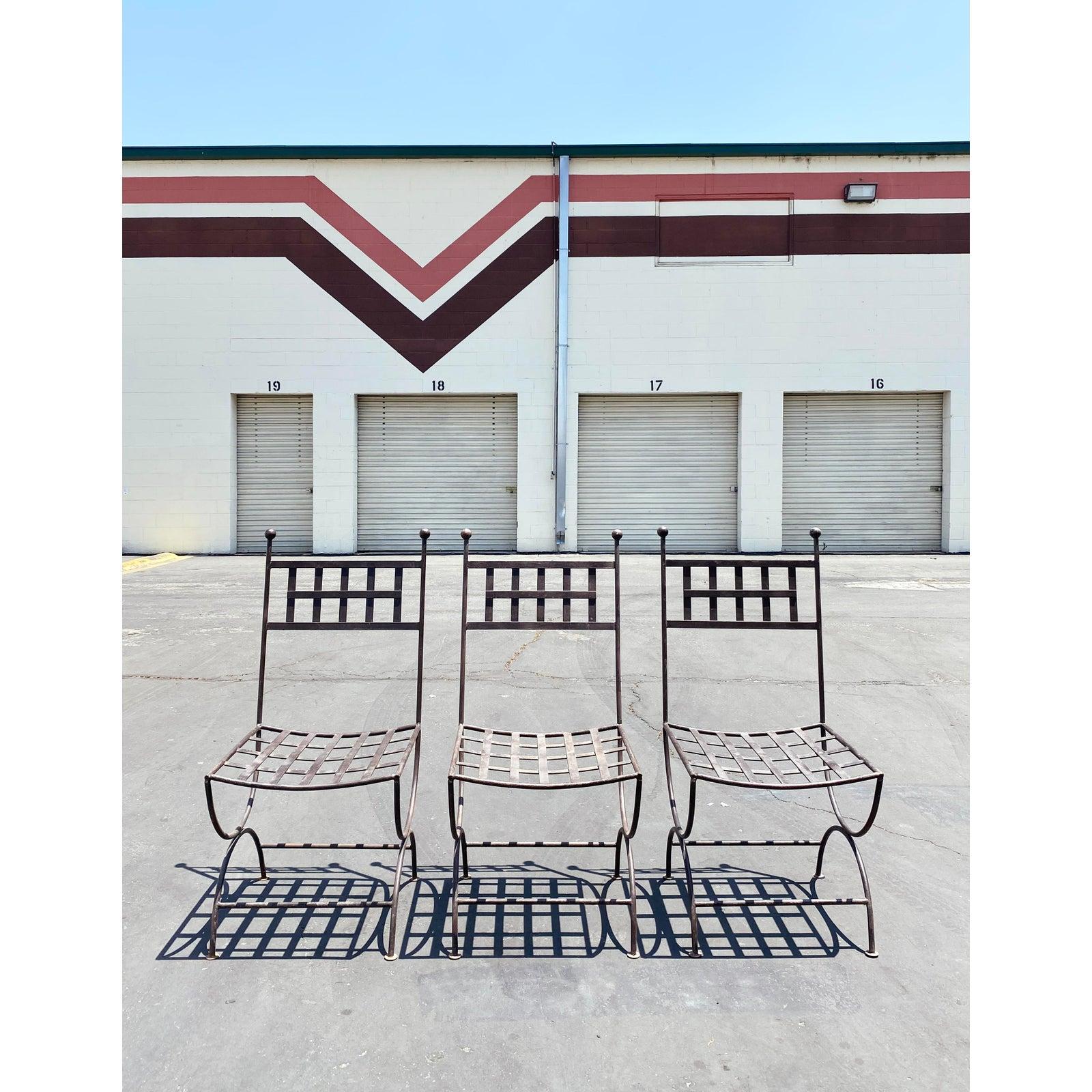 Mexican Set of 3 Mid Century Wrought Iron Patio Chairs with Finials For Sale