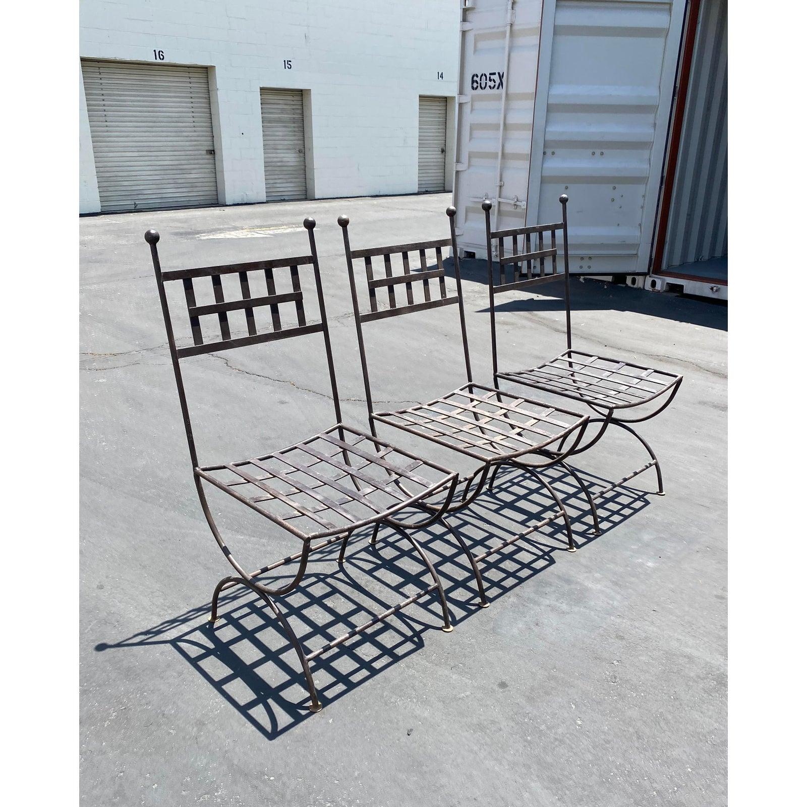 Set of 3 Mid Century Wrought Iron Patio Chairs with Finials In Fair Condition For Sale In Beverly Hills, CA