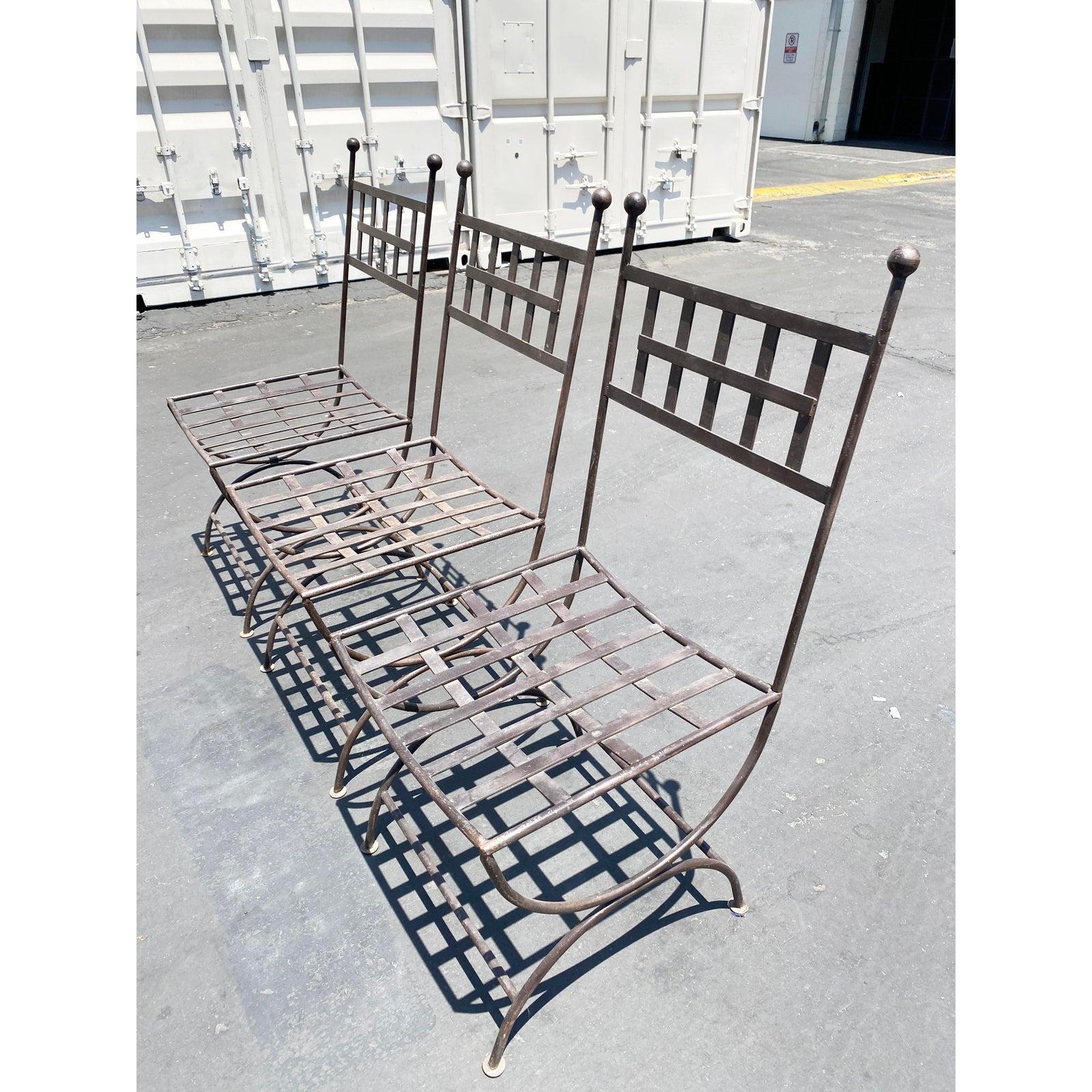 Set of 3 Mid Century Wrought Iron Patio Chairs with Finials For Sale 1