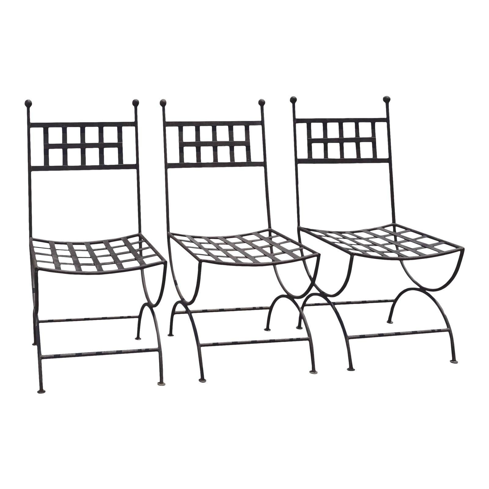 Set of 3 Mid Century Wrought Iron Patio Chairs with Finials For Sale