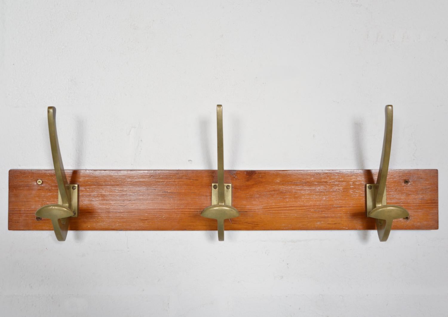 Set of 3 Midcentury Brass Coat Hooks Rack Hangers Modernist Brutalist 1950s Bar 3