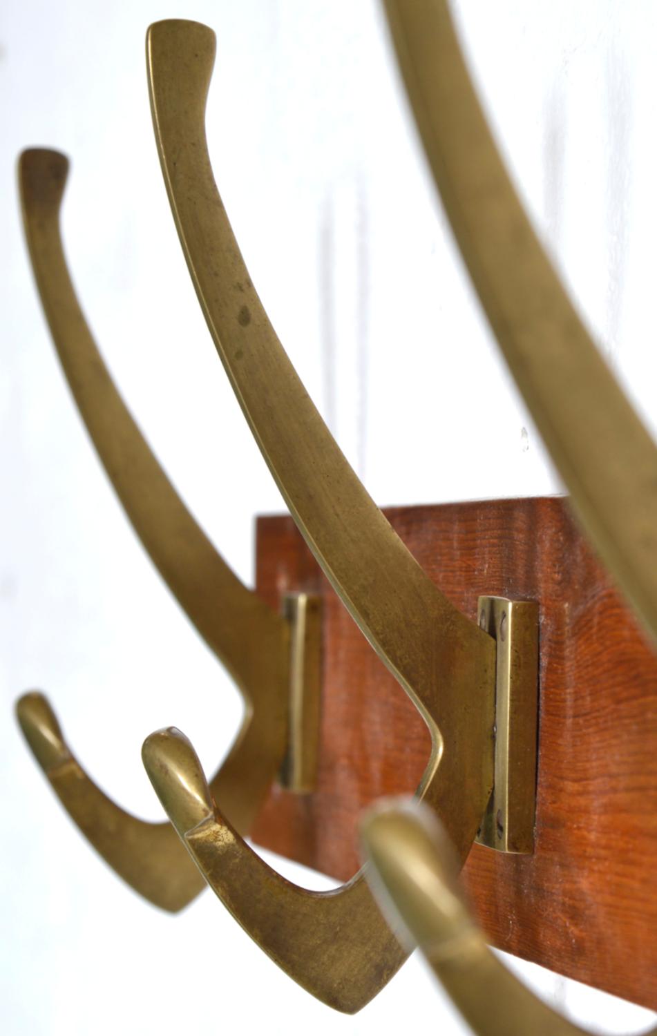 Set of 3 Midcentury Brass Coat Hooks Rack Hangers Modernist Brutalist 1950s Bar 6