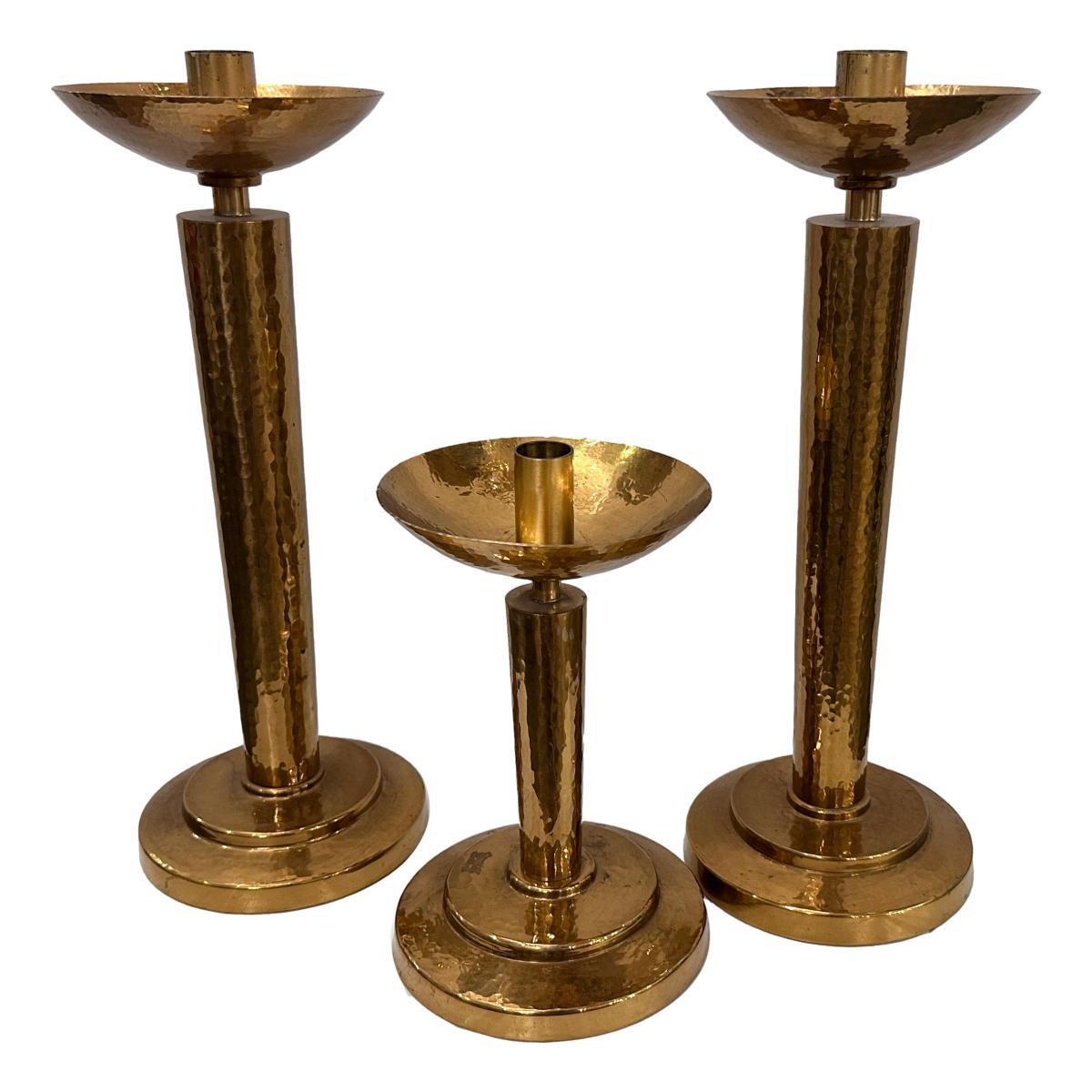 Set of 3 circa 1960's Danish hammered brass candlesticks.

Measurements:
Height: 15.5
