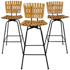 Vintage Set of 3 Midcentury Danish Modern Arthur Umanoff Swivel Slat Bar Stools