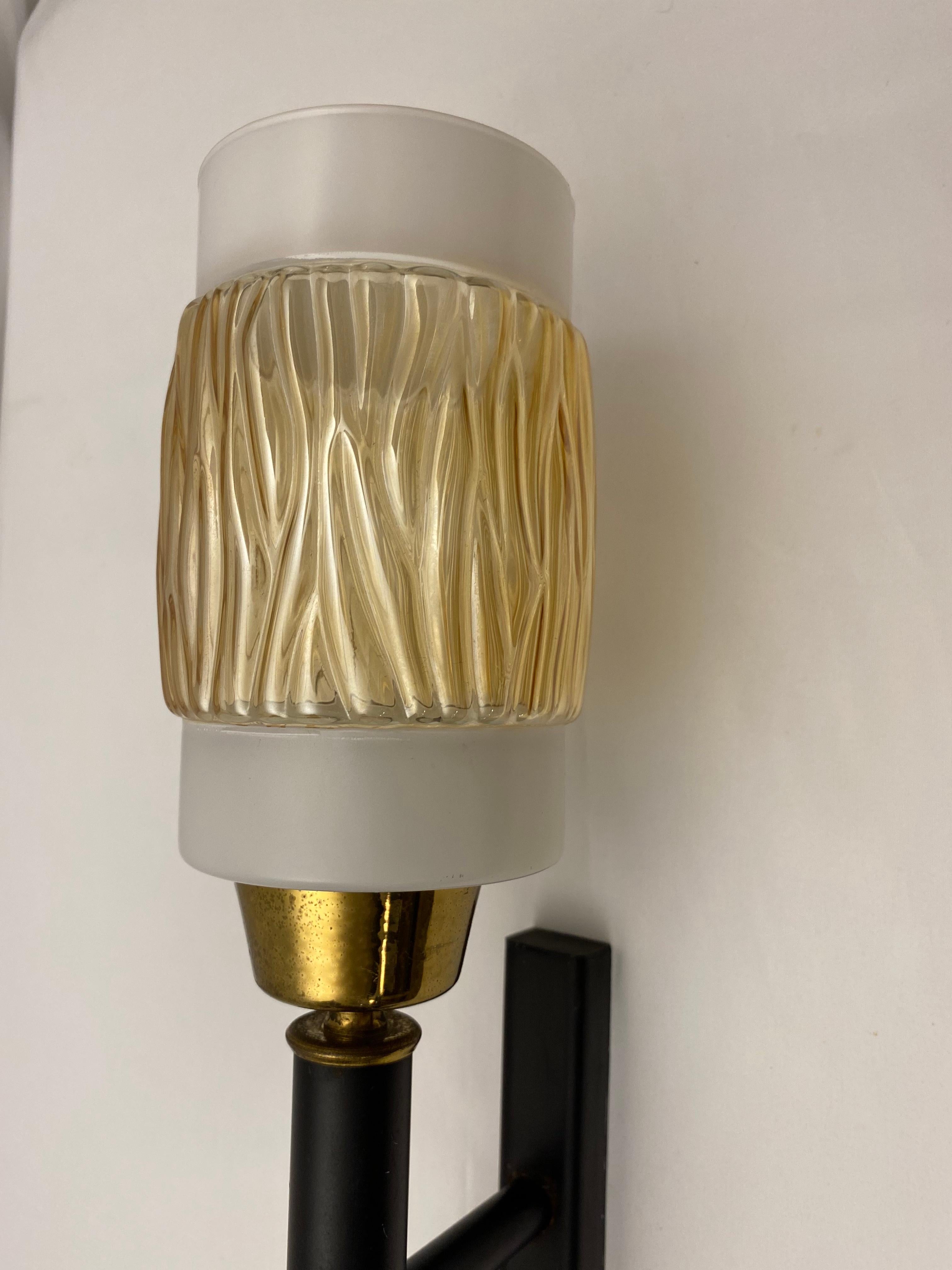 Mid-Century Modern Set of 3 Midcentury Glass and Brass Sconces, Attributed to Maison Arlus/Lunel  For Sale