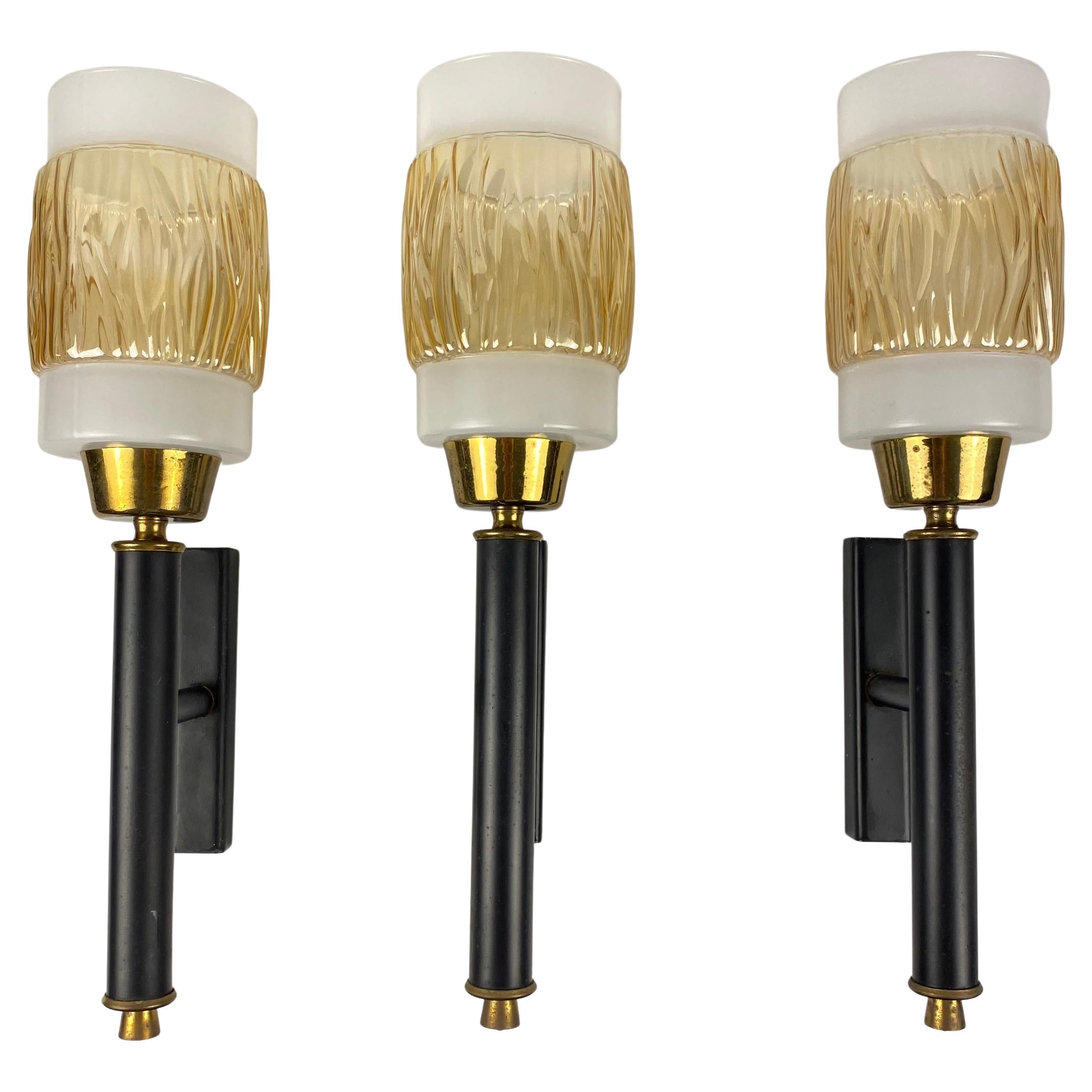 Molded Set of 3 Midcentury Glass and Brass Sconces, Attributed to Maison Arlus/Lunel  For Sale