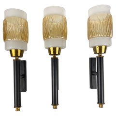 Set of 3 Midcentury Glass and Brass Sconces, Attributed to Maison Arlus/Lunel 
