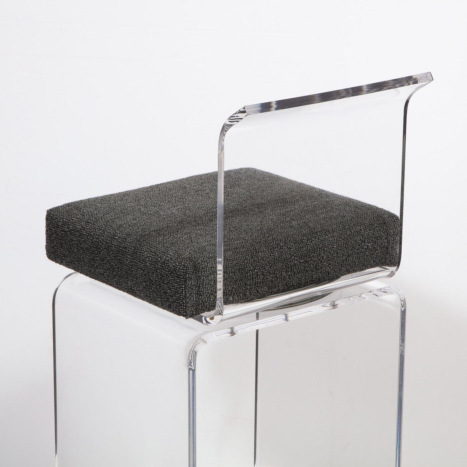 Set of 3 Midcentury Lucite Swiveling Bar Stools with Textural Gray Boucle Fabric 2