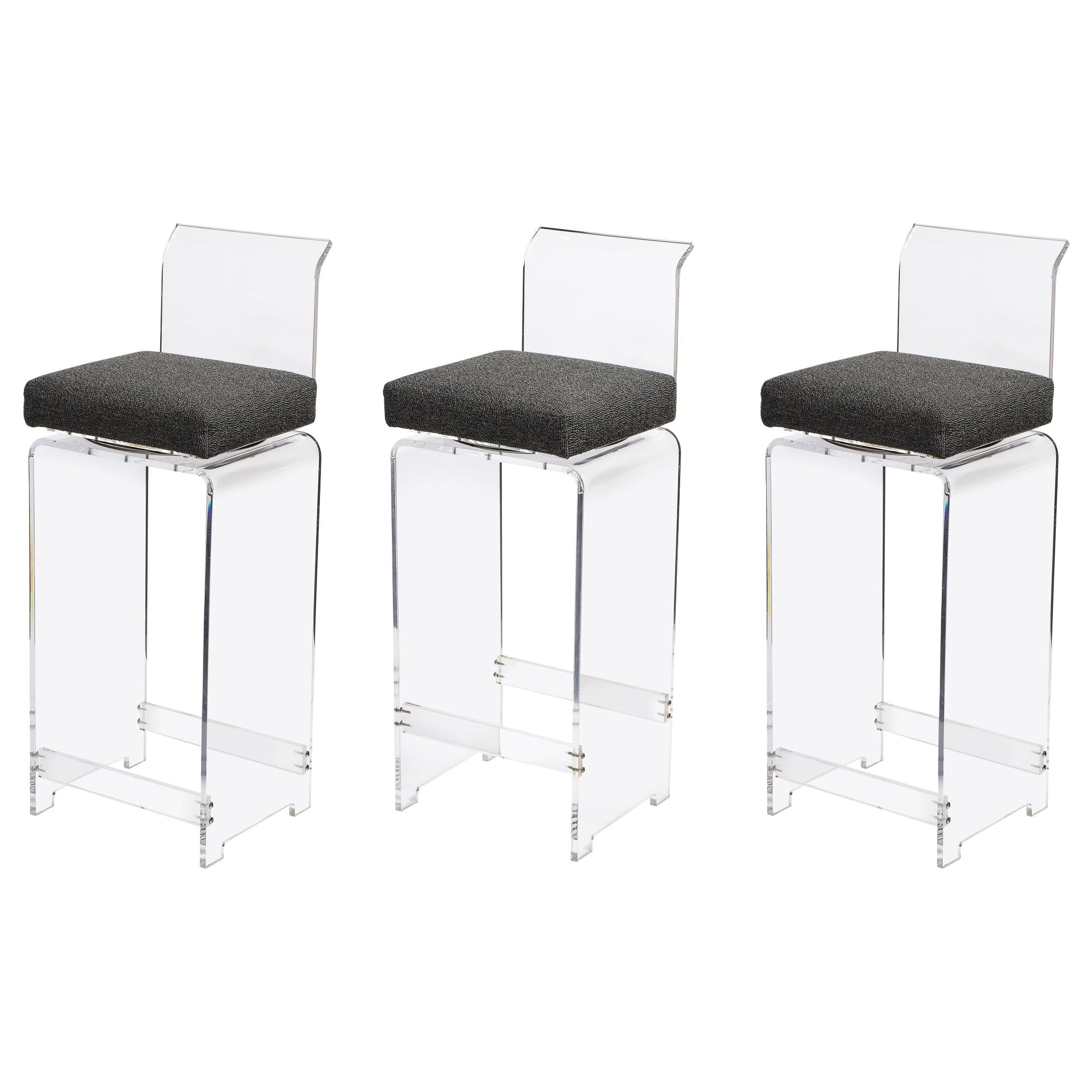 Set of 4 Arthur Umanoff Slat Wood and Wrought Iron Bar Height Swivel