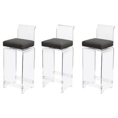 Set of 3 Midcentury Lucite Swiveling Bar Stools with Textural Gray Boucle Fabric