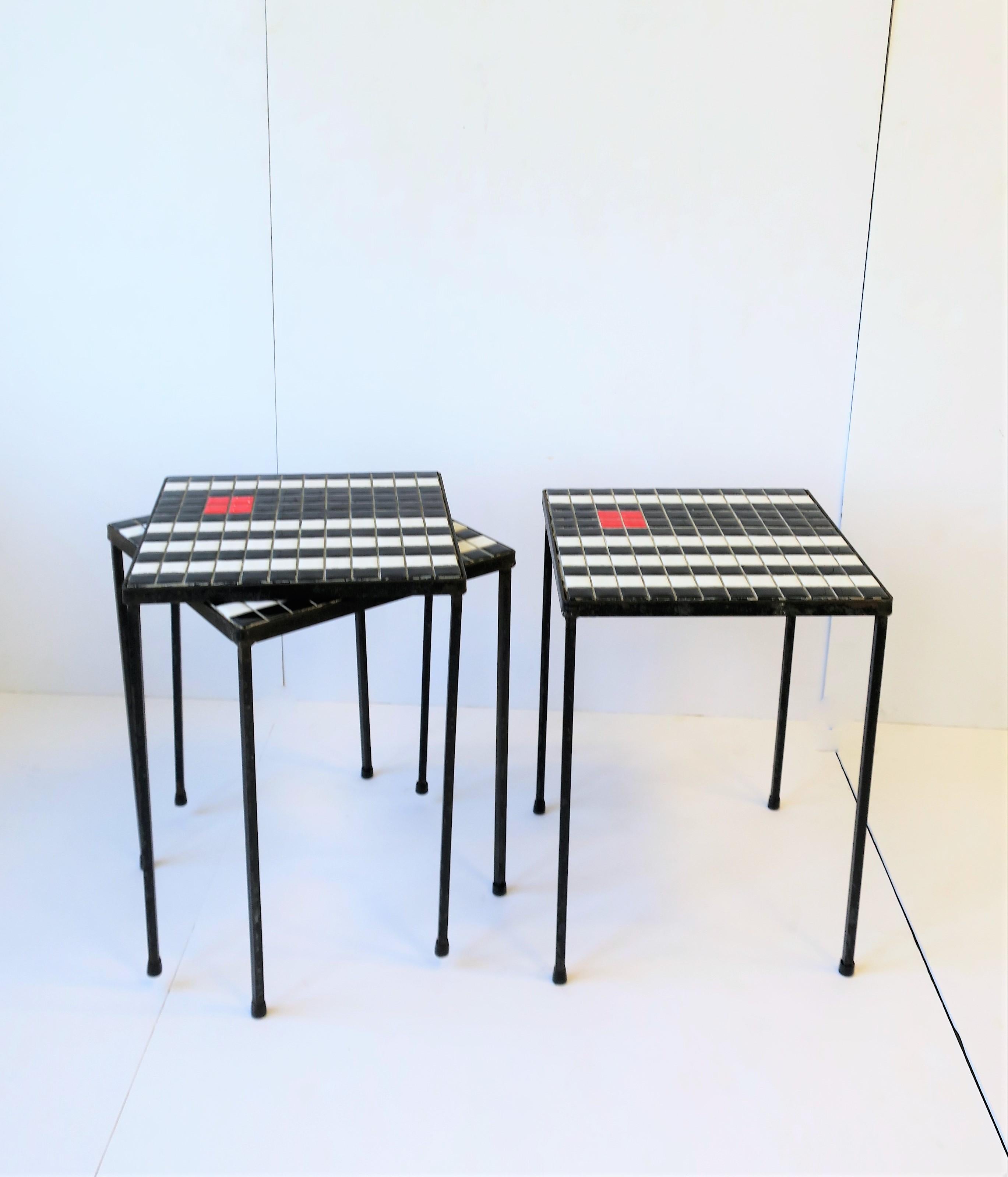 Ceramic Midcentury Modern Black and White Mosaic Tile Stacking or Side Tables