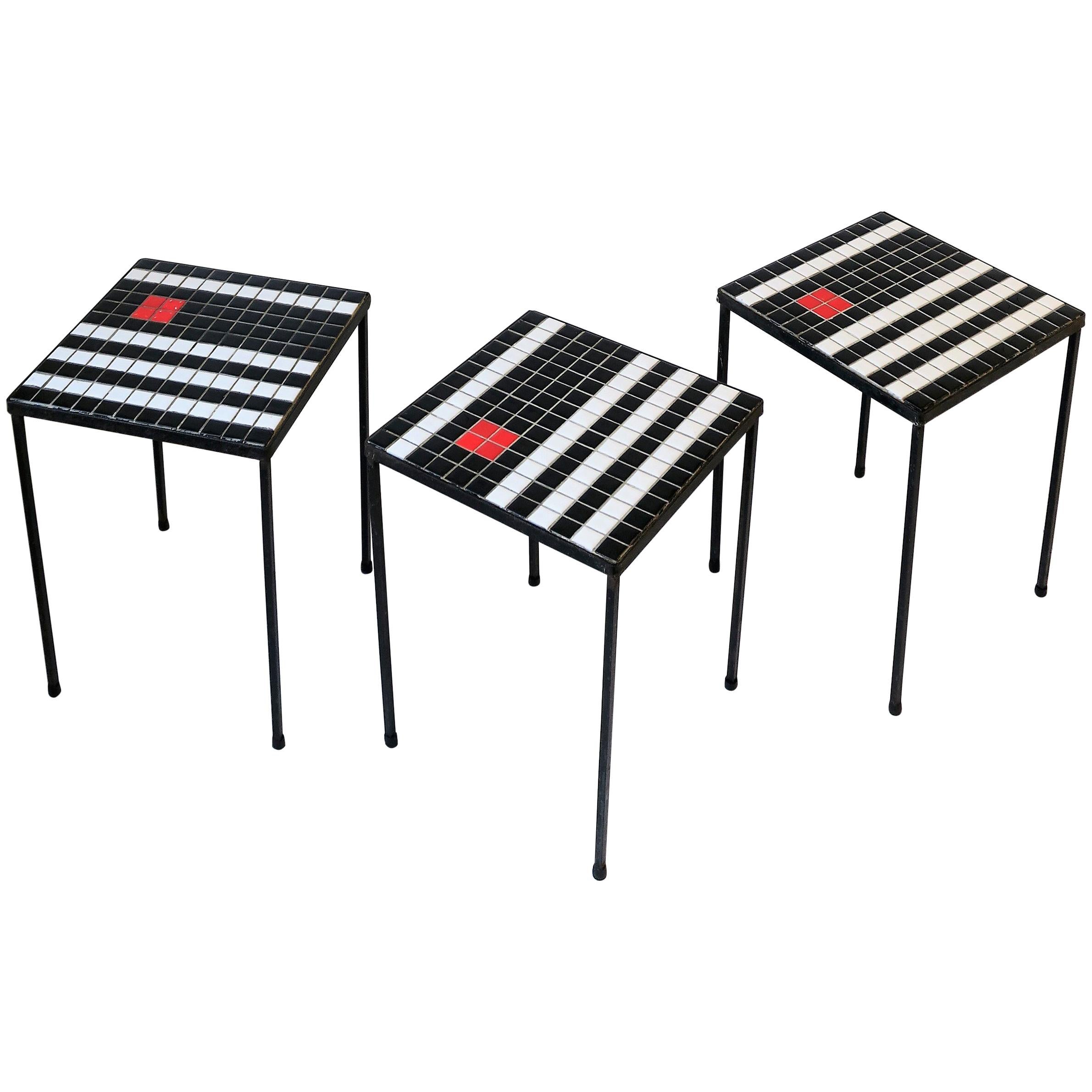 Midcentury Modern Black and White Mosaic Tile Stacking or Side Tables