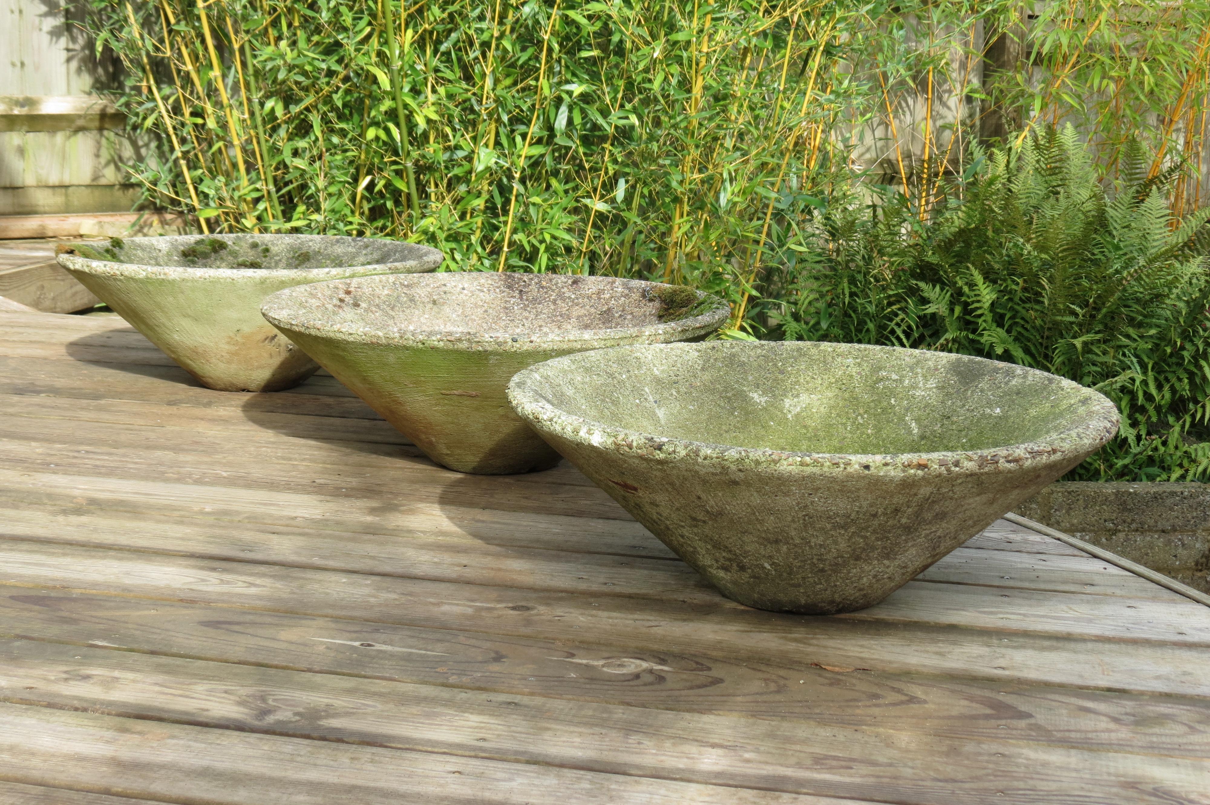English Set of 3 Mid-Century Modern Conical Shaped Concrete Planters, 1970s