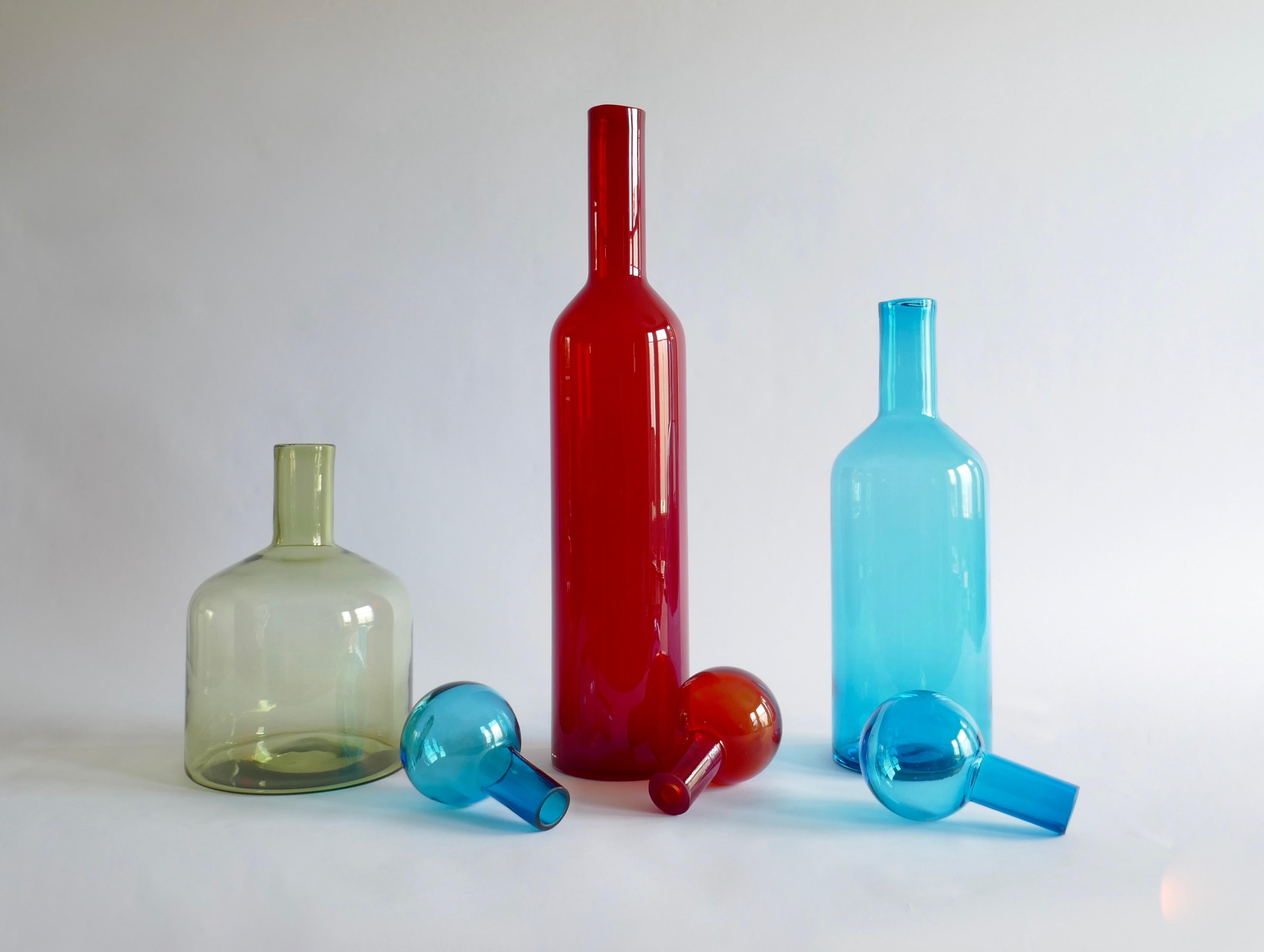 Italian Set of 3 Mid-Century Modern Style Large Red, Blue and Green Murano Glass Bottles For Sale