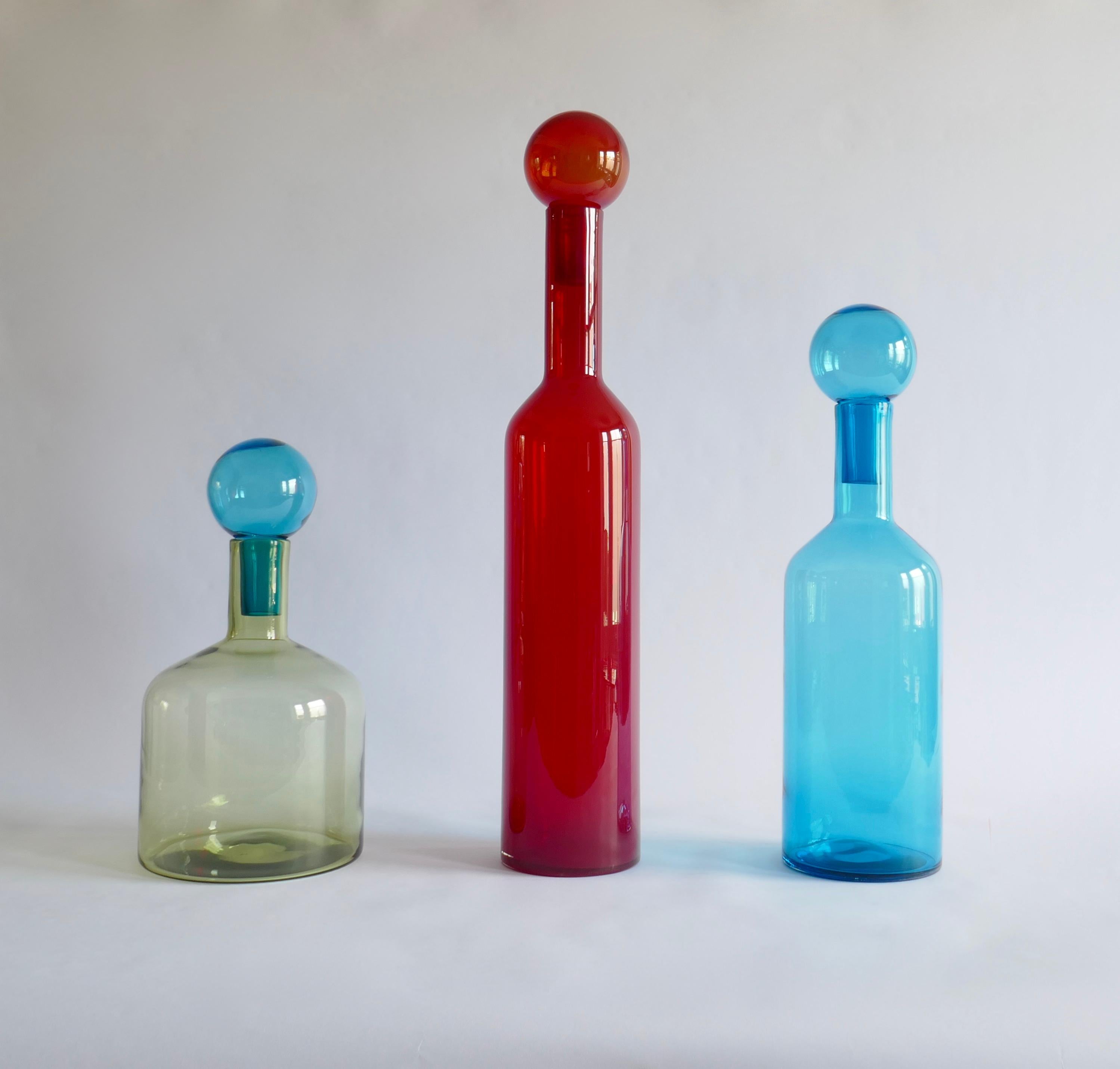Contemporary Set of 3 Mid-Century Modern Style Large Red, Blue and Green Murano Glass Bottles For Sale