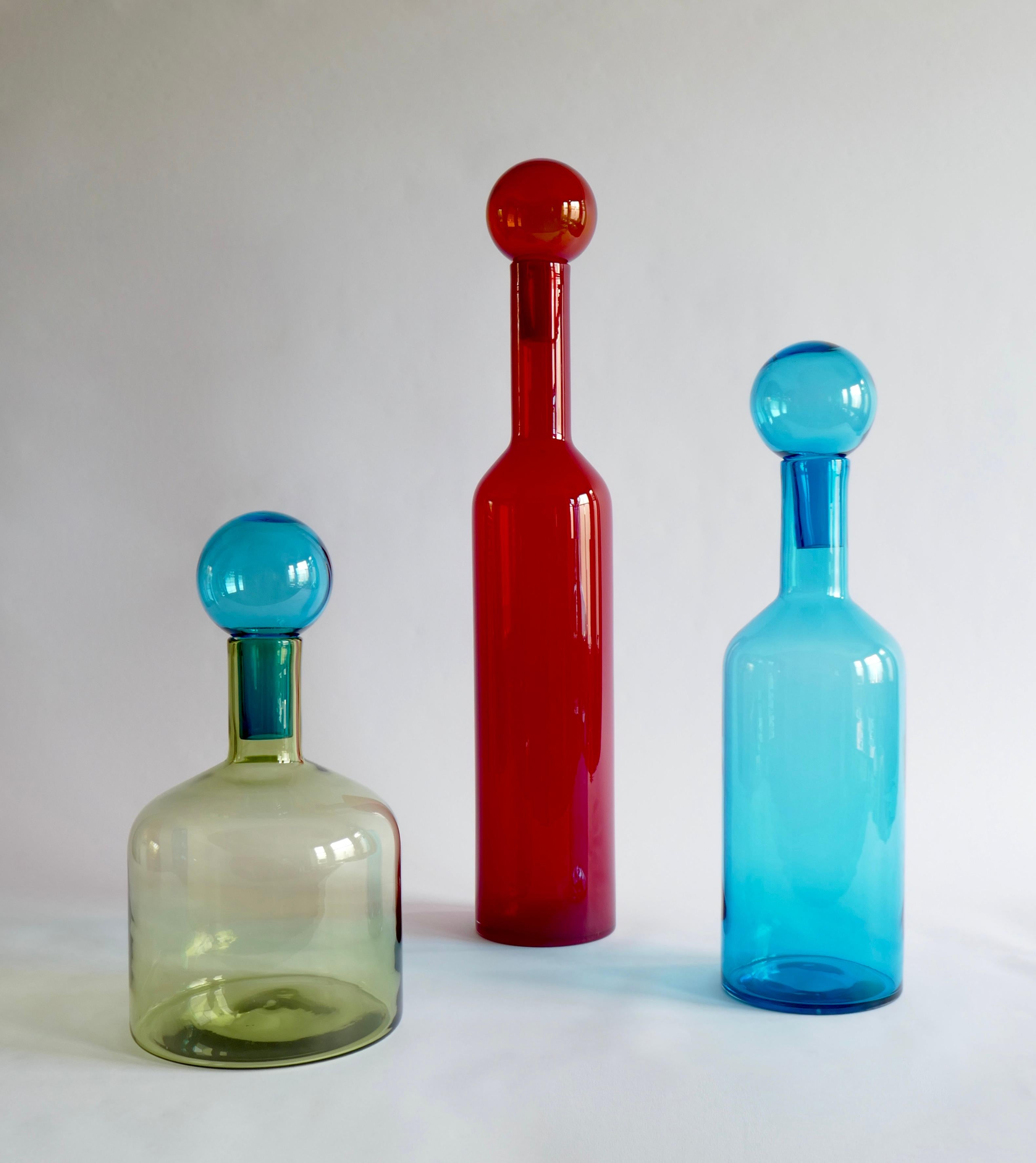 Set of 3 Mid-Century Modern Style Large Red, Blue and Green Murano Glass Bottles For Sale 1