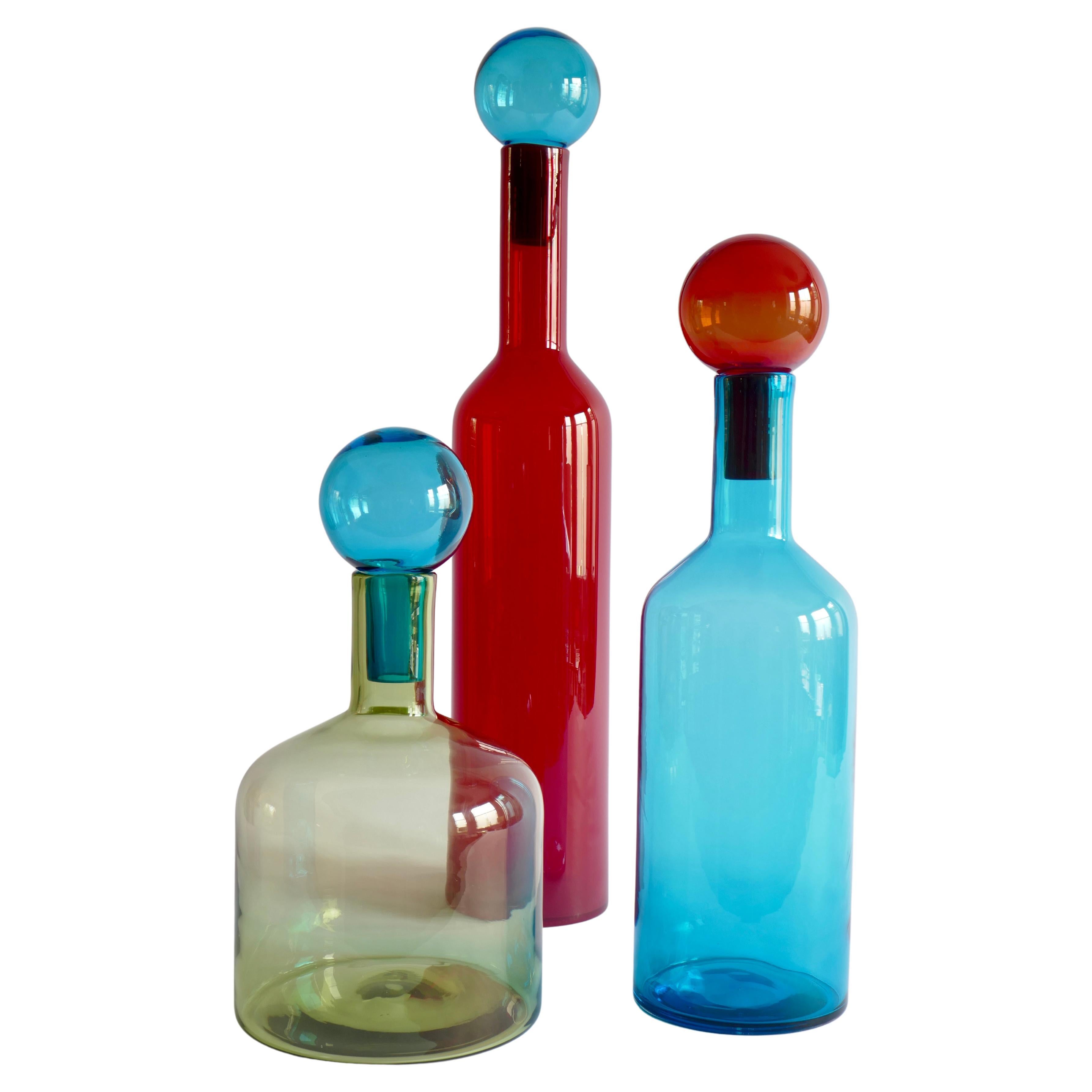 Set of 3 Mid-Century Modern Style Large Red, Blue and Green Murano Glass Bottles For Sale