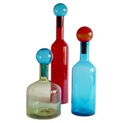 Set of 3 Mid-Century Modern Style Large Red, Blue and Green Murano Glass Bottles