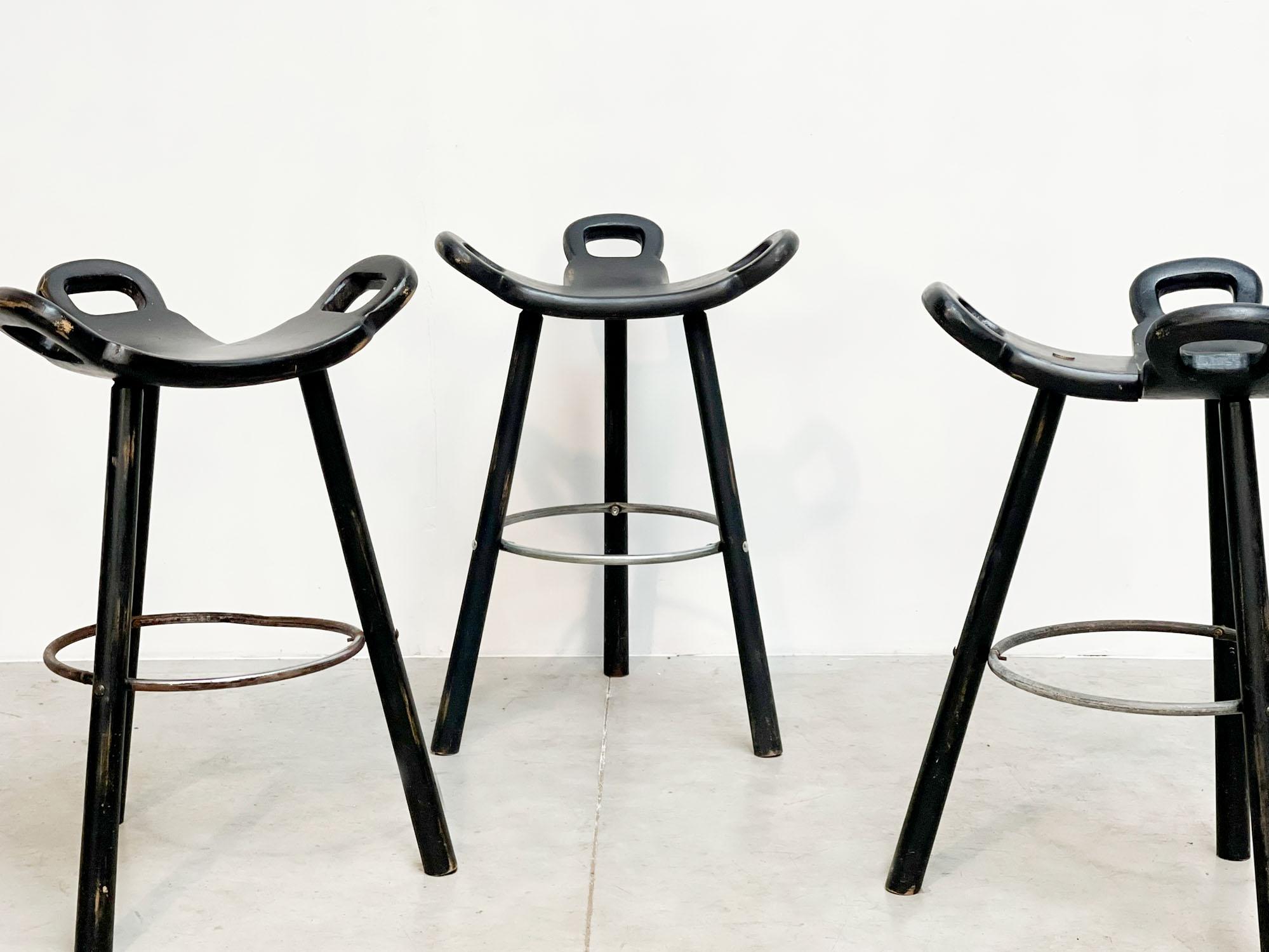 Late 20th Century Set of 3 Midcentury Spanish Bar Stools For Sale