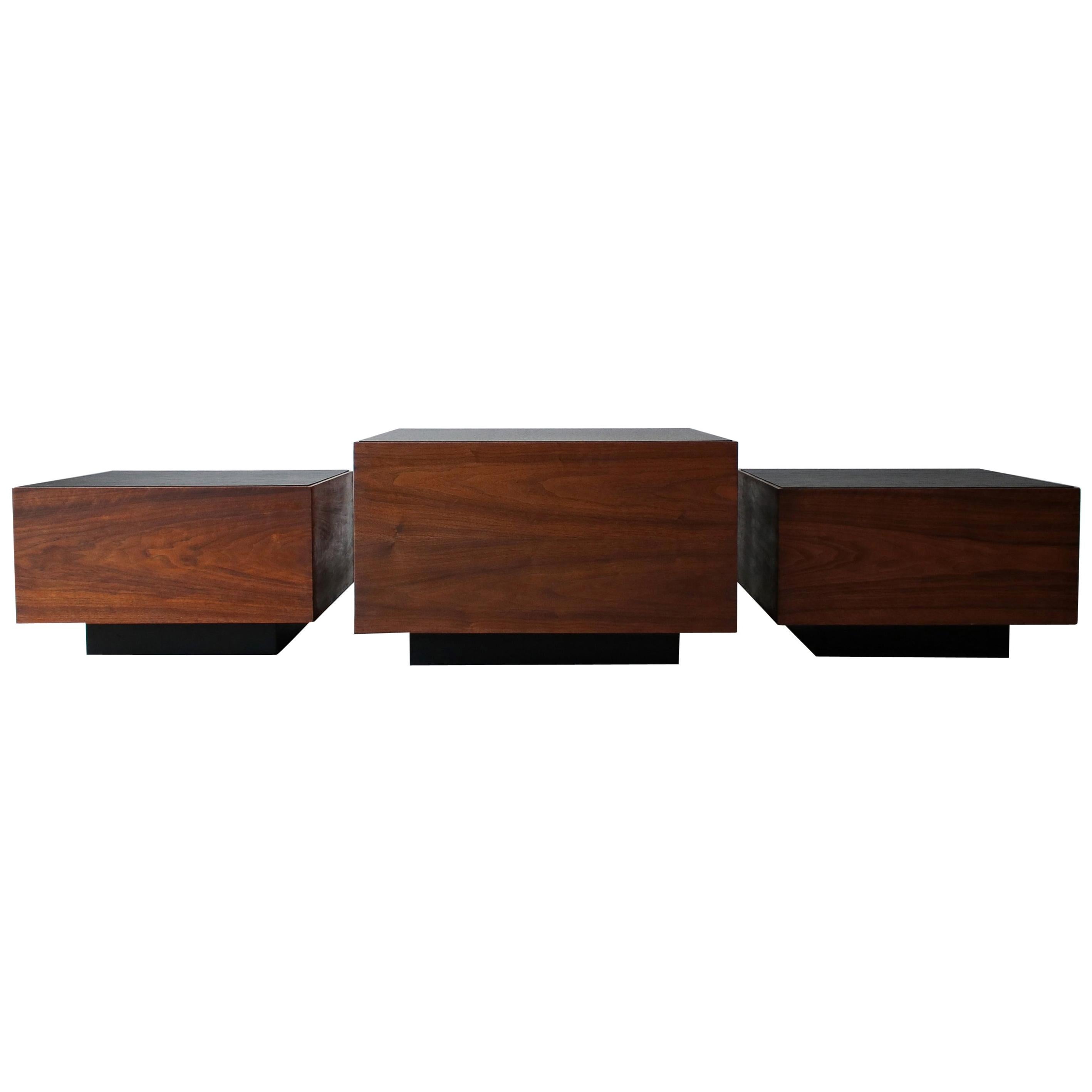 Set of 3 Midcentury Walnut Cube Tables