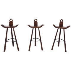 Set of 3 Midcentury Wooden Brutalist Spanish Bar Stools