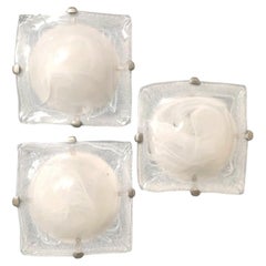 Set of 3 Milky White Square Murano Flush Mounts