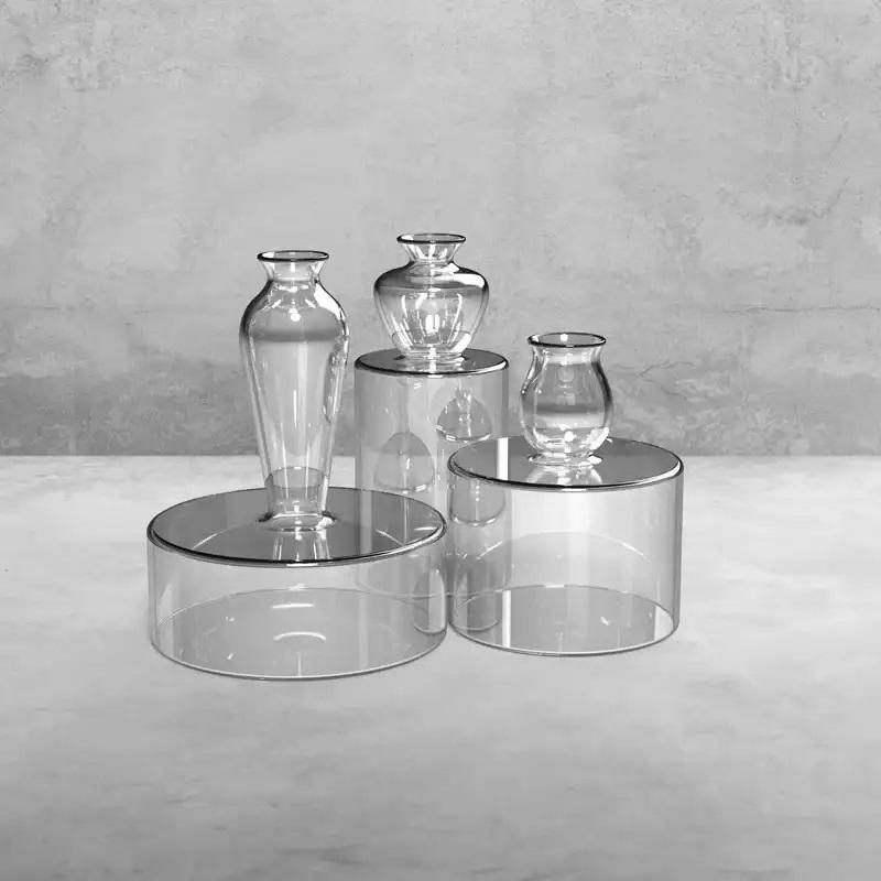 Set di 3 vasi tondi trasparenti Milo di Mason Editions
Creato da Quaglio Simonelli.
Dimensioni: Vaso alto: Ø 5 x H. 11,3 cm.
Vaso medio: Ø 7,1 x H. 8,8 cm.
Vaso basso: Ø 8,9 x H. 11,5 cm.
Materiali: vetro borosilicato pyrex.

I vasi Milo si