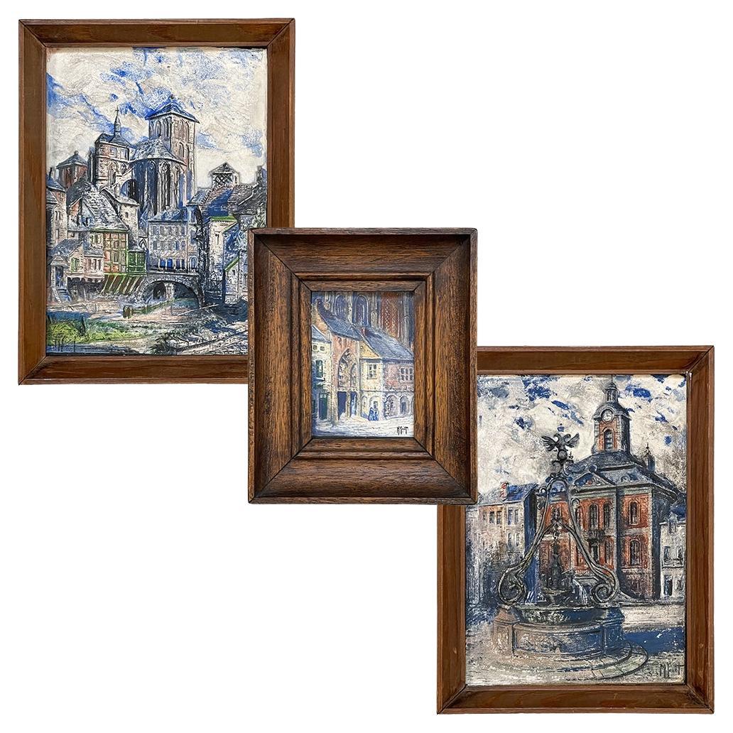 Ensemble de 3 tableaux miniatures anciens en bas-relief encadrés : Michel Genot (1914-1986). en vente