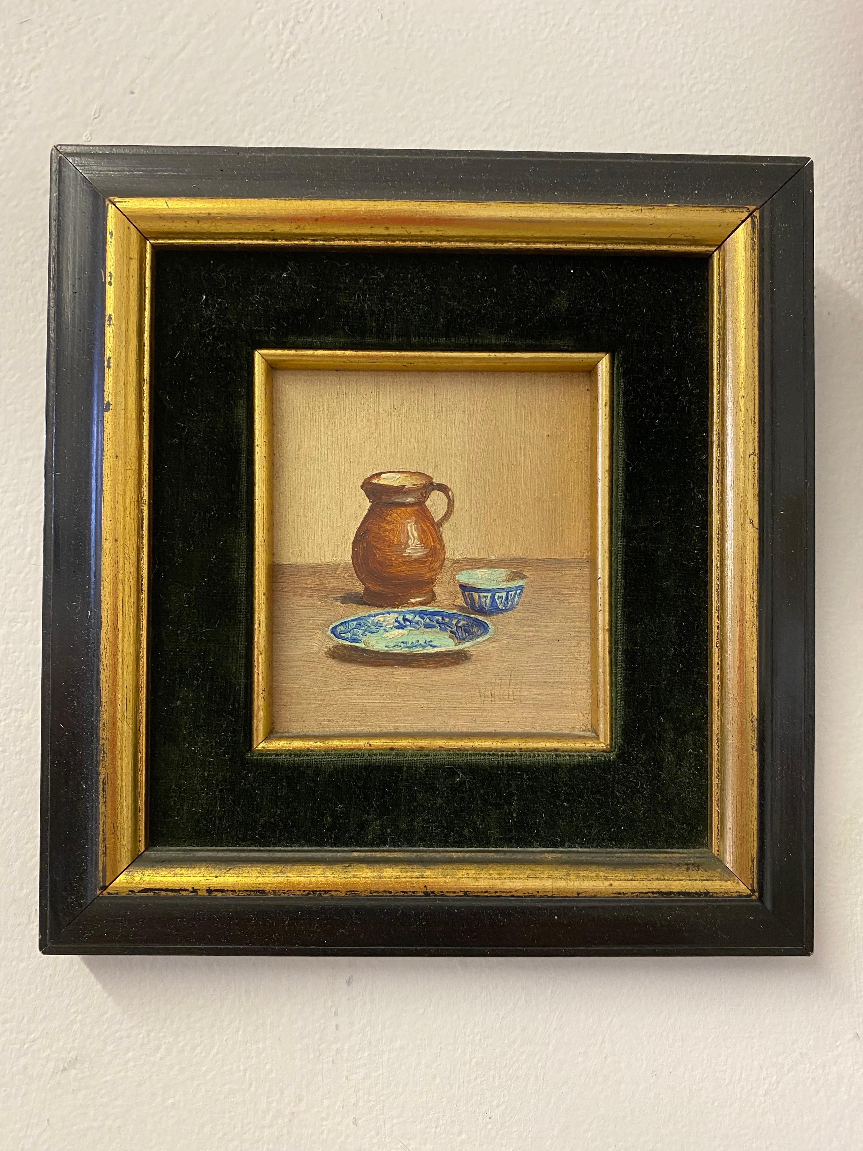 Set of 3 miniature still life table top paintings. Guessing the paintings are from the 1950's or 60's. Very nicely done, all three paintings are signed but hard to make out signature. Original frames with dark green felt liners. Frame sizes are 7 x