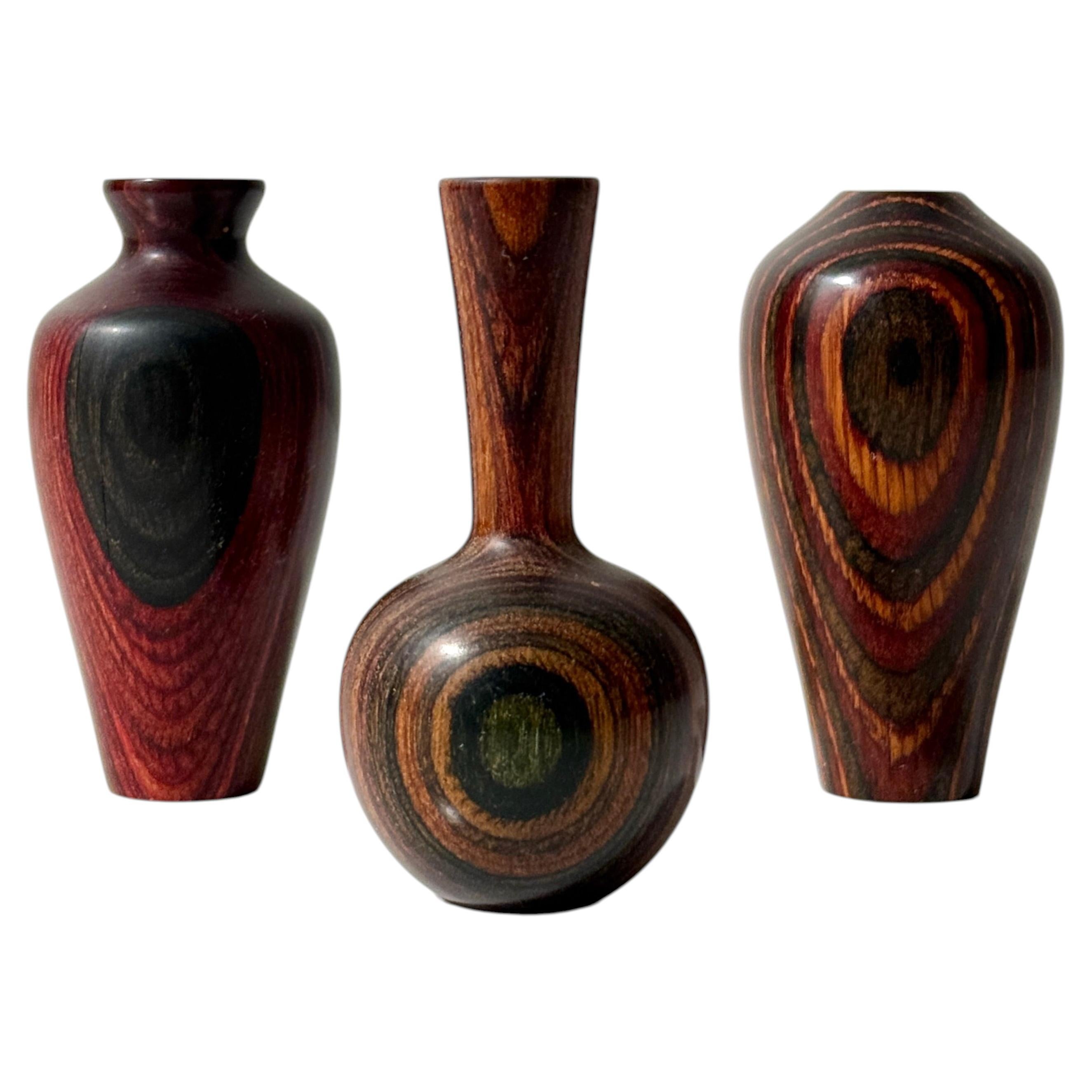 Set of 3 Miniature Turned Exotic Wood Laminated Bud Vases with Concentric Grain