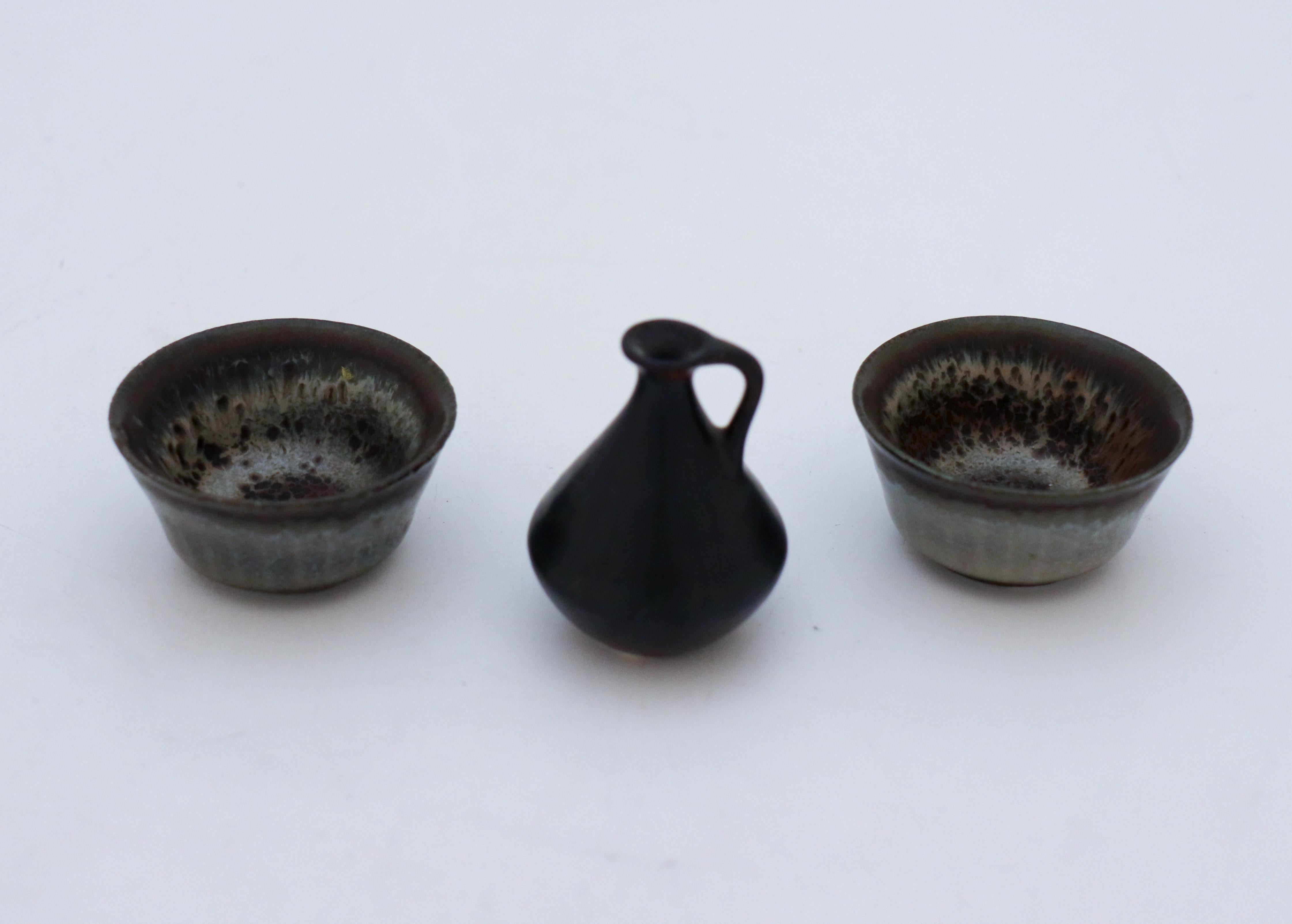 Scandinavian Modern Set of 3 ceramic Miniature vases and bowls, Rörstrand Mid century Sweden Vintage