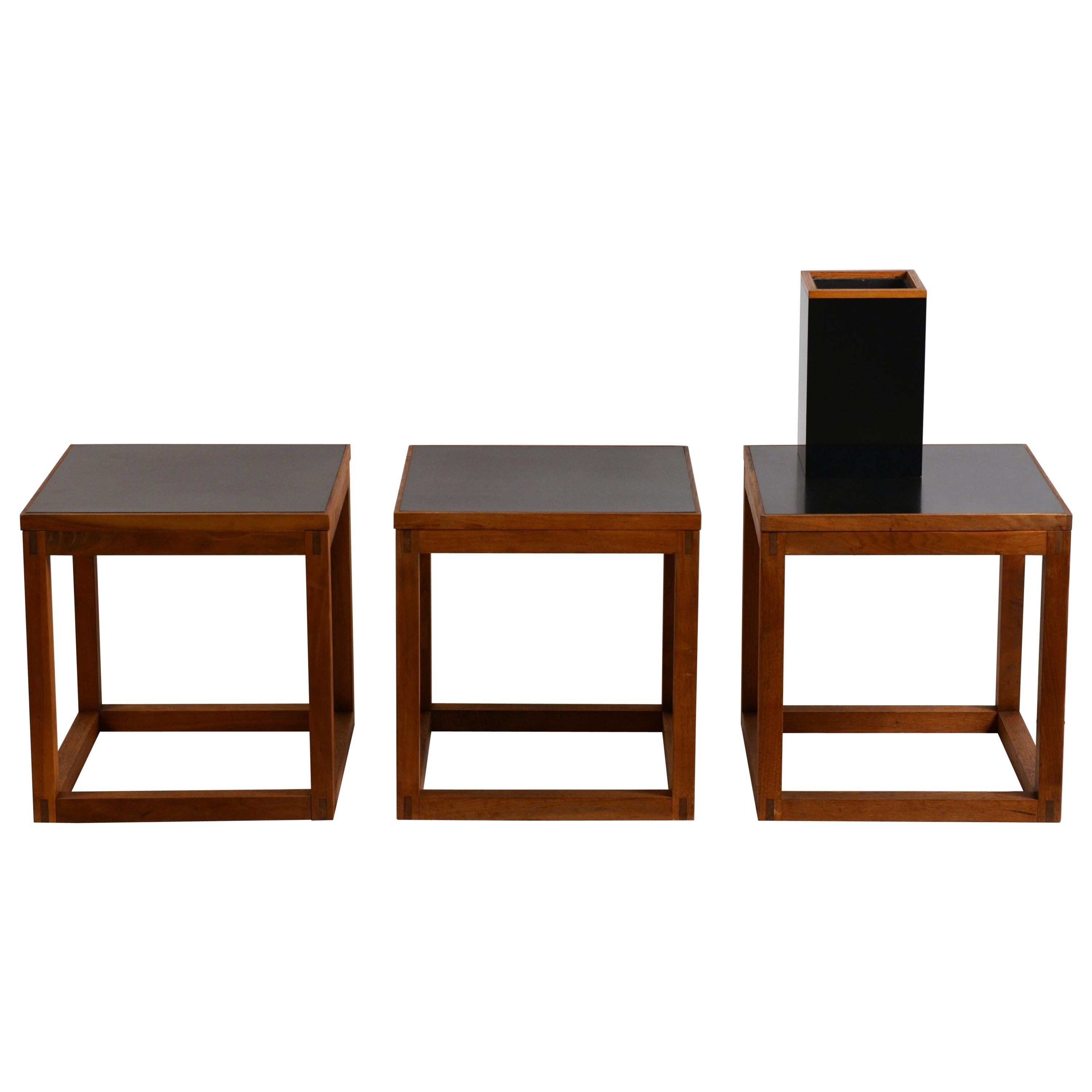 3er Set Minimal Teak und Laminat Würfel Couchtisch oder Beistelltische