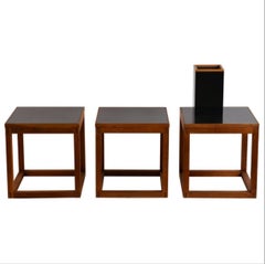 Vintage Set of 3 Minimal Teak and Laminate Cube Tables in the Style of Donald Judd