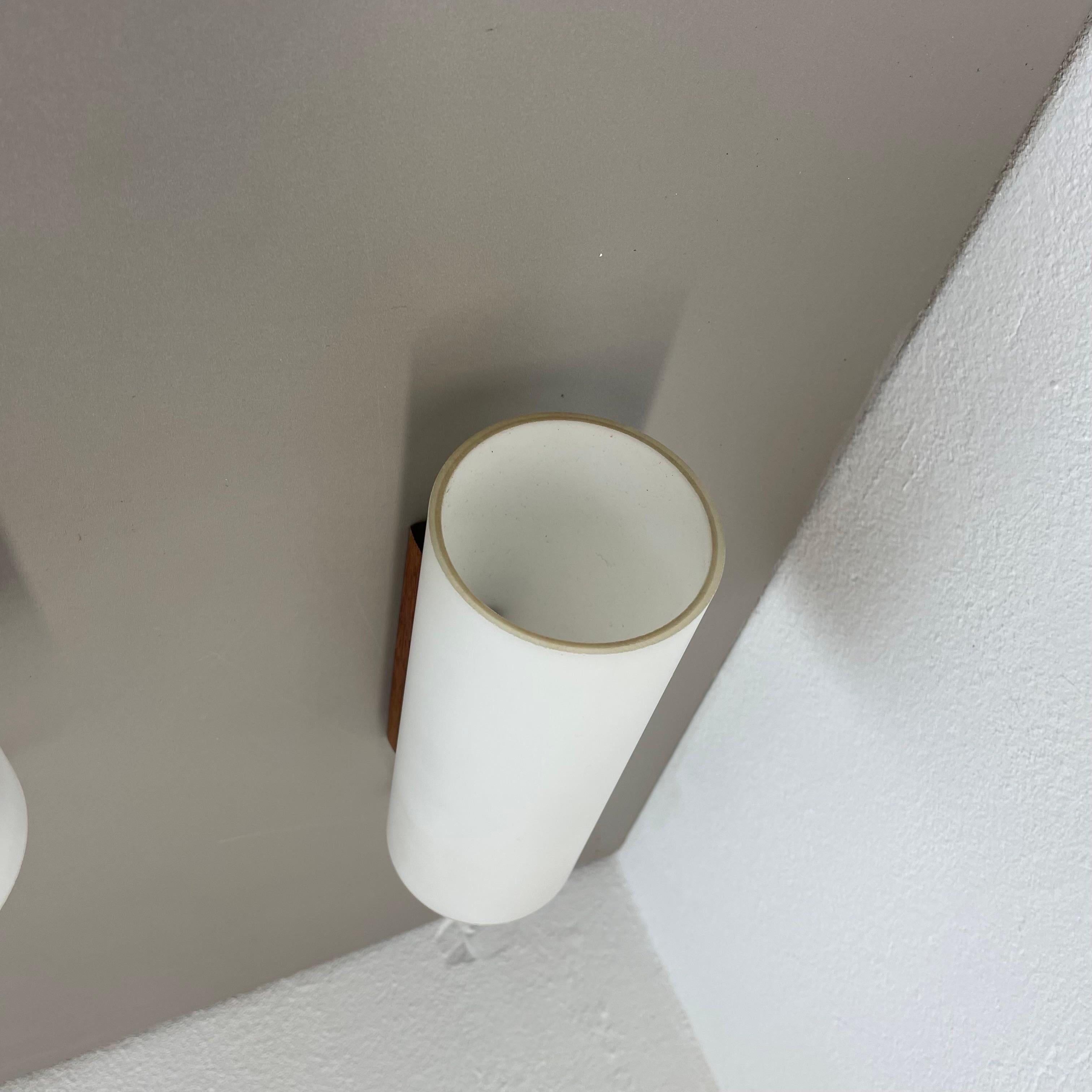 set of 3 minimalist satin white glass and teak Wall Light, Denmark, 1960s For Sale 4