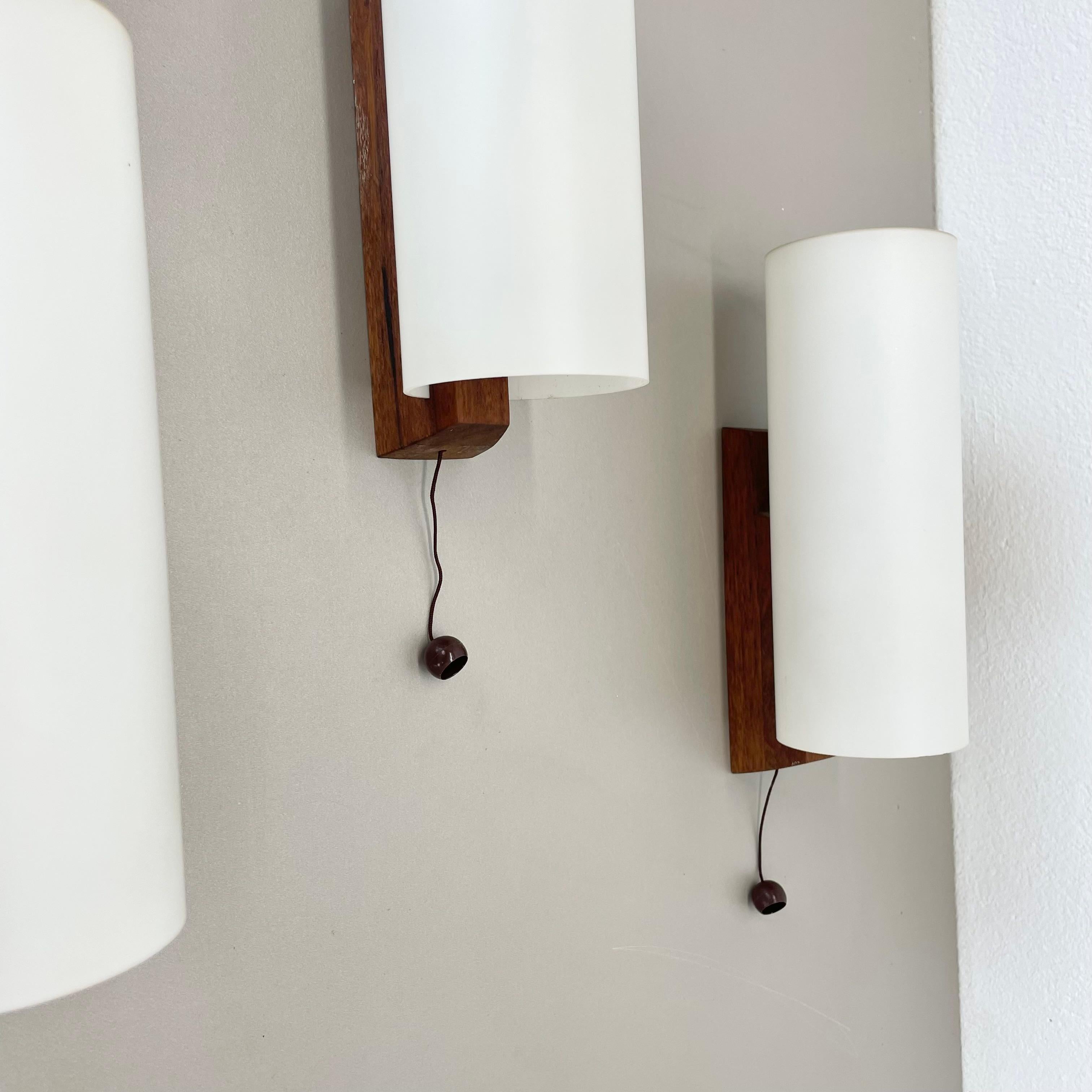 set of 3 minimalist satin white glass and teak Wall Light, Denmark, 1960s For Sale 7