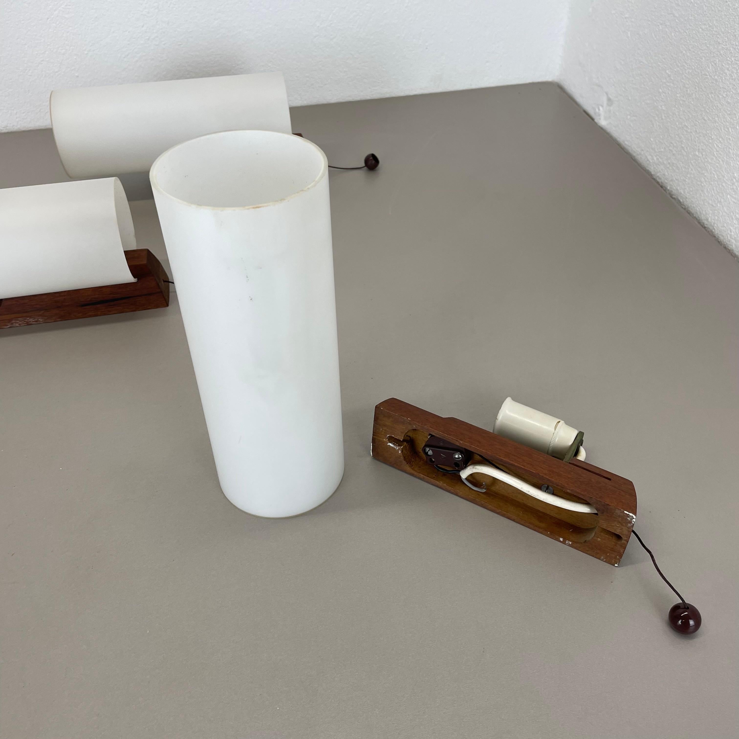 set of 3 minimalist satin white glass and teak Wall Light, Denmark, 1960s For Sale 9