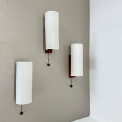 set of 3 minimalist satin white glass and teak Wall Light, Denmark, 1960s