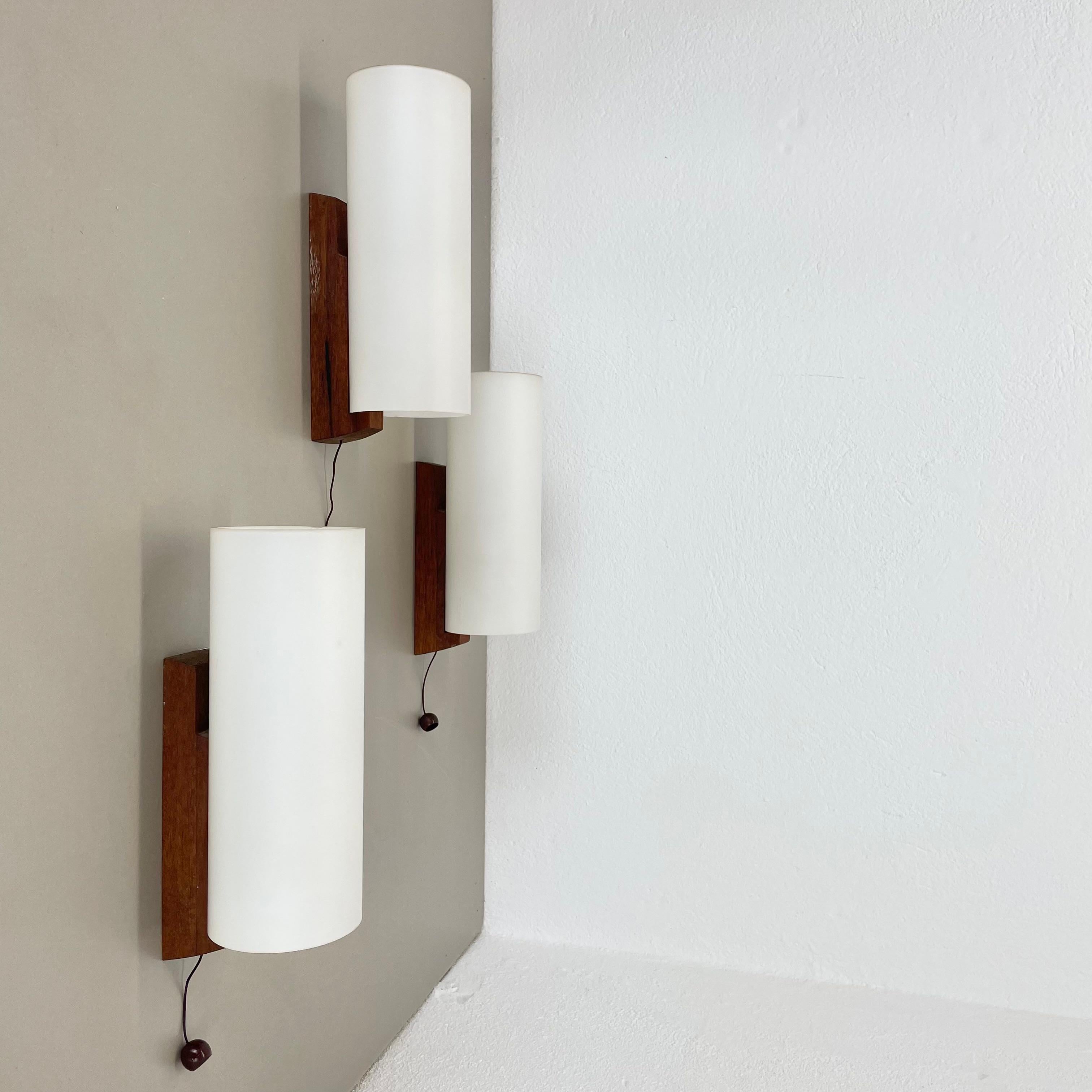 Mid-Century Modern set of 3 minimalist satin white glass and teak Wall Light, Denmark, 1960s For Sale