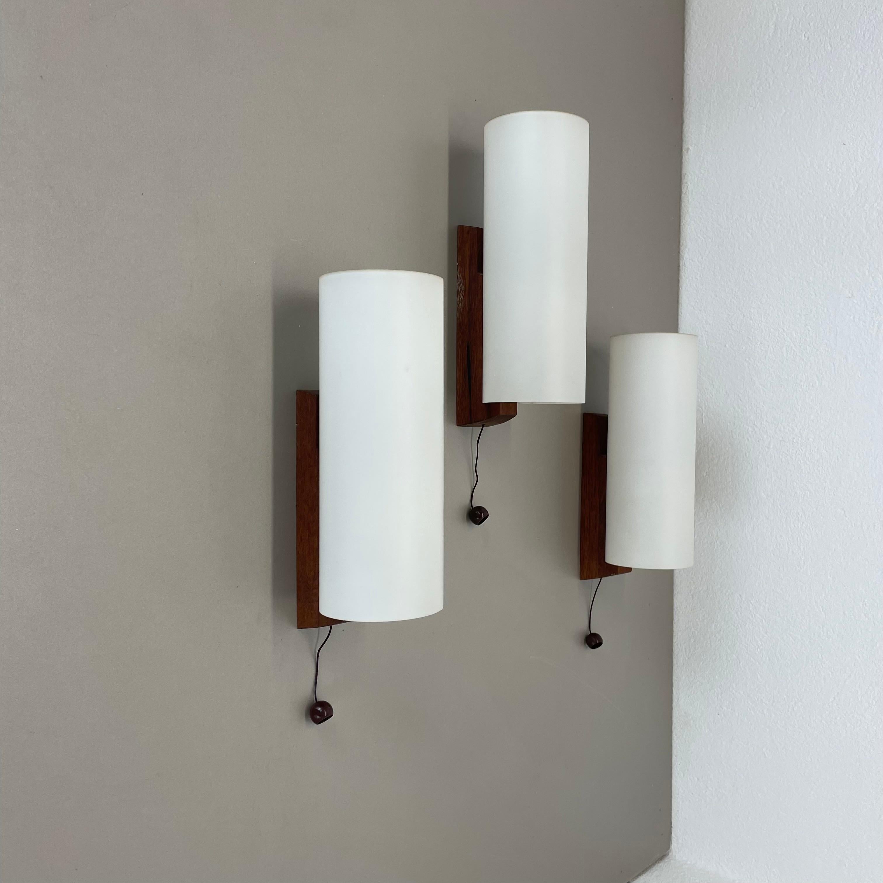 Danish set of 3 minimalist satin white glass and teak Wall Light, Denmark, 1960s For Sale
