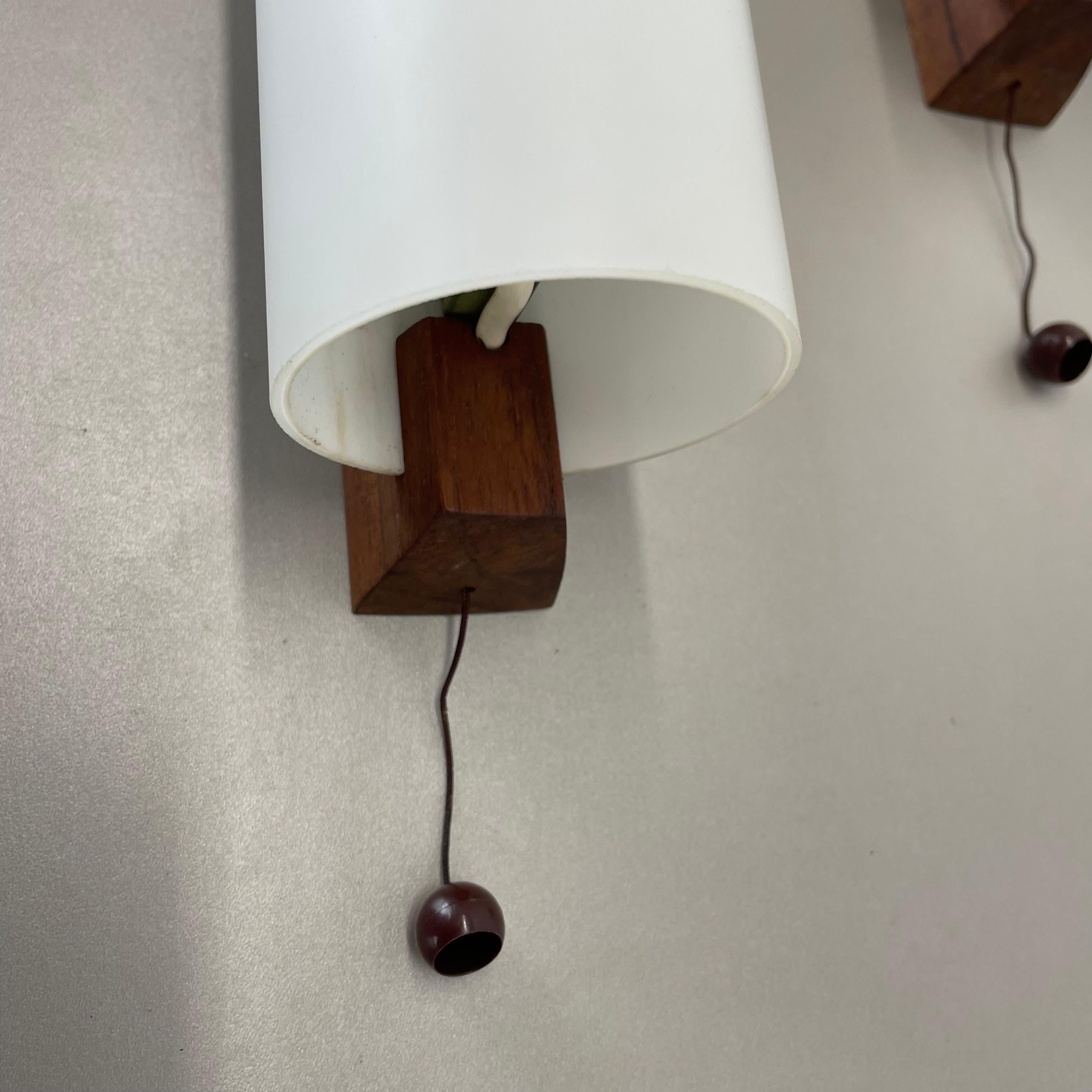 Mid-20th Century set of 3 minimalist satin white glass and teak Wall Light, Denmark, 1960s For Sale