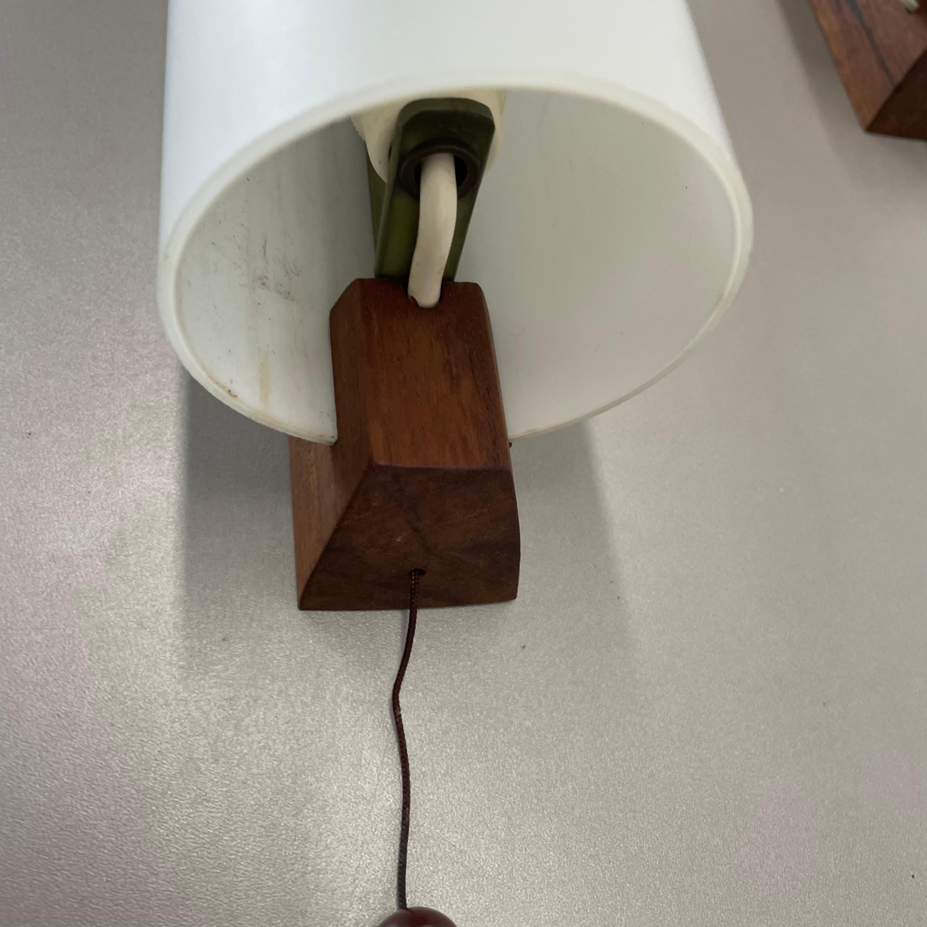 Metal set of 3 minimalist satin white glass and teak Wall Light, Denmark, 1960s For Sale