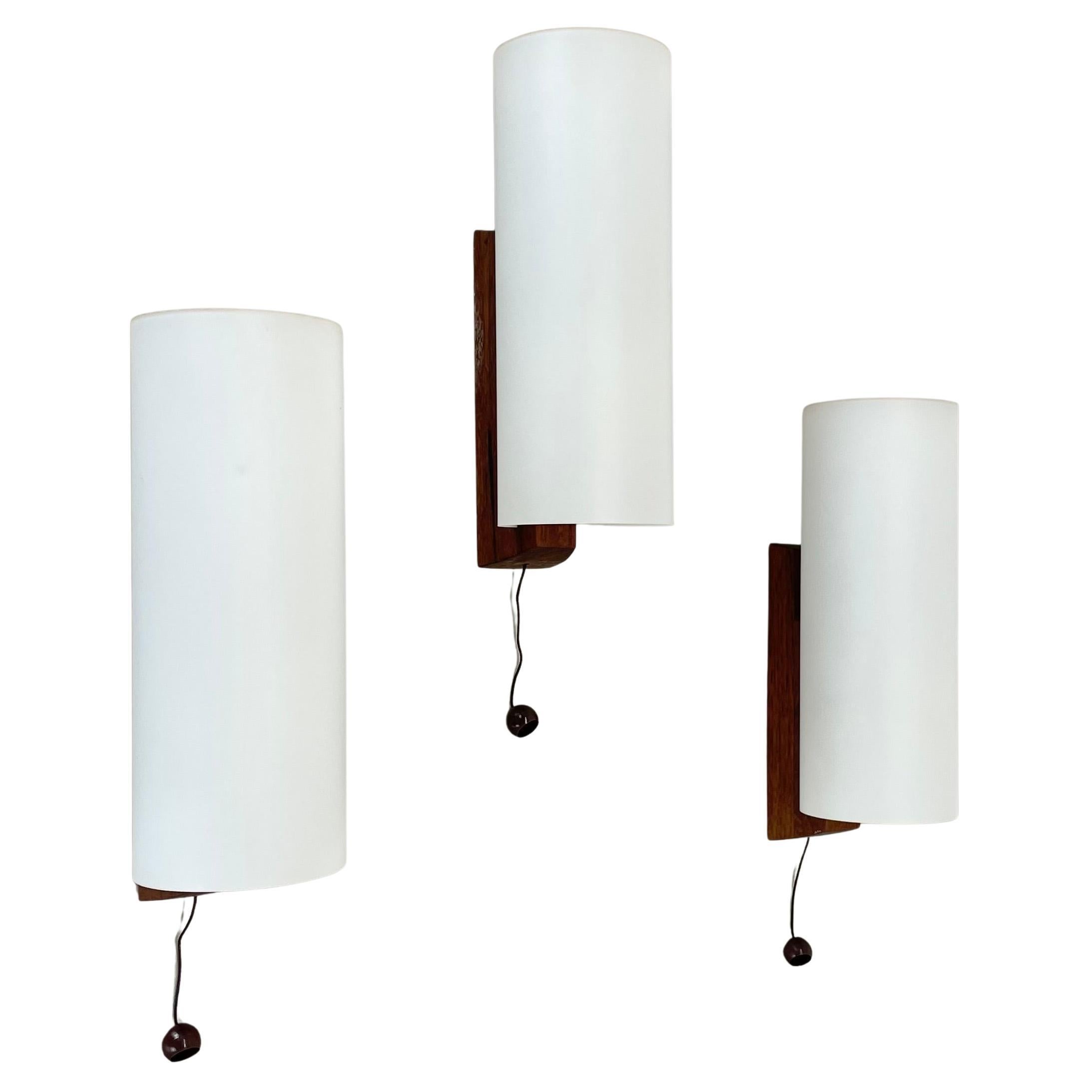 set of 3 minimalist satin white glass and teak Wall Light, Denmark, 1960s