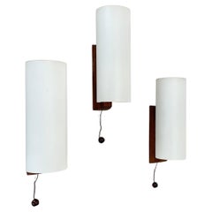 set of 3 minimalist satin white glass and teak Wall Light, Denmark, 1960s