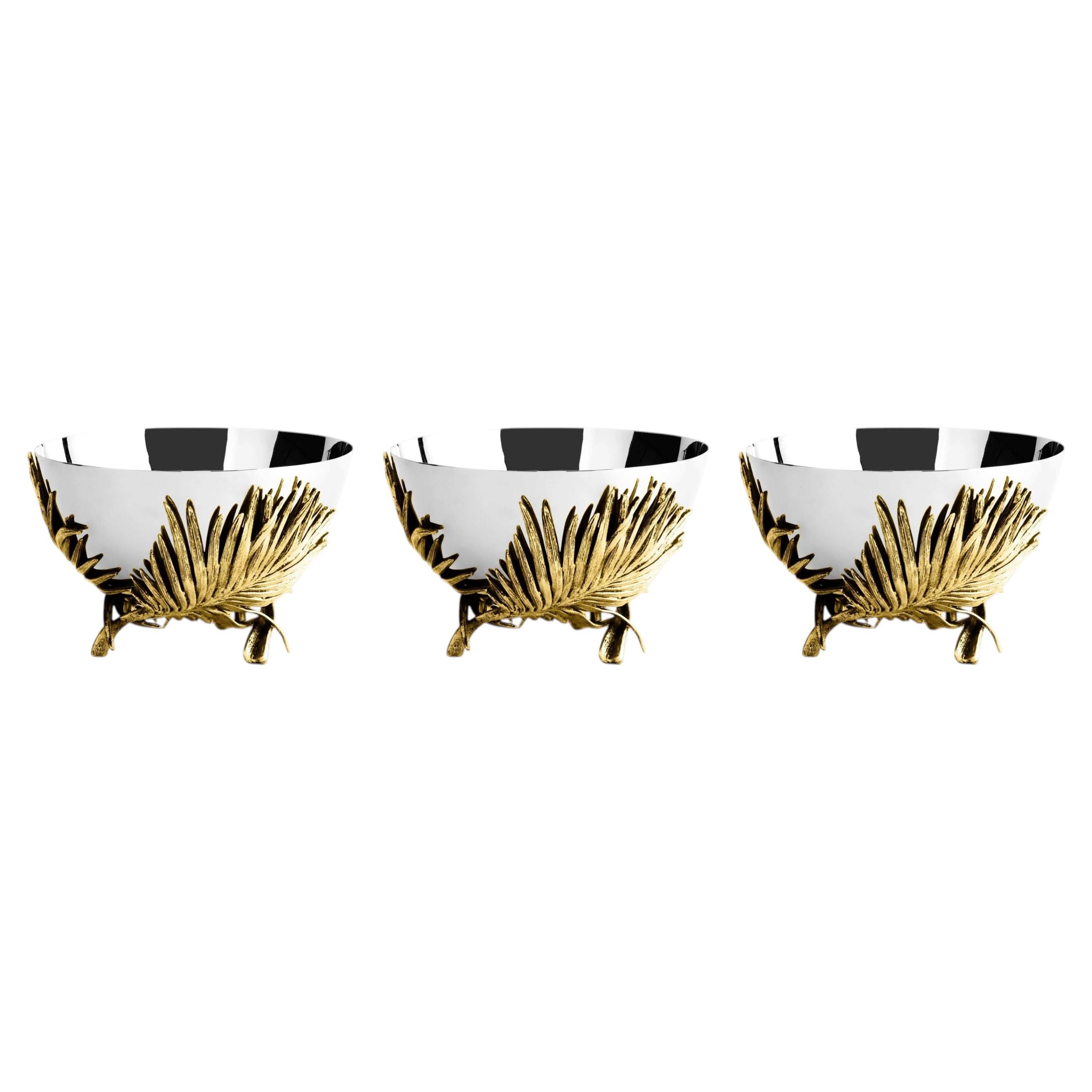 Set of 3 Modern Gold-Toned Metal and Stainless Steel Decorative Palm Bowl