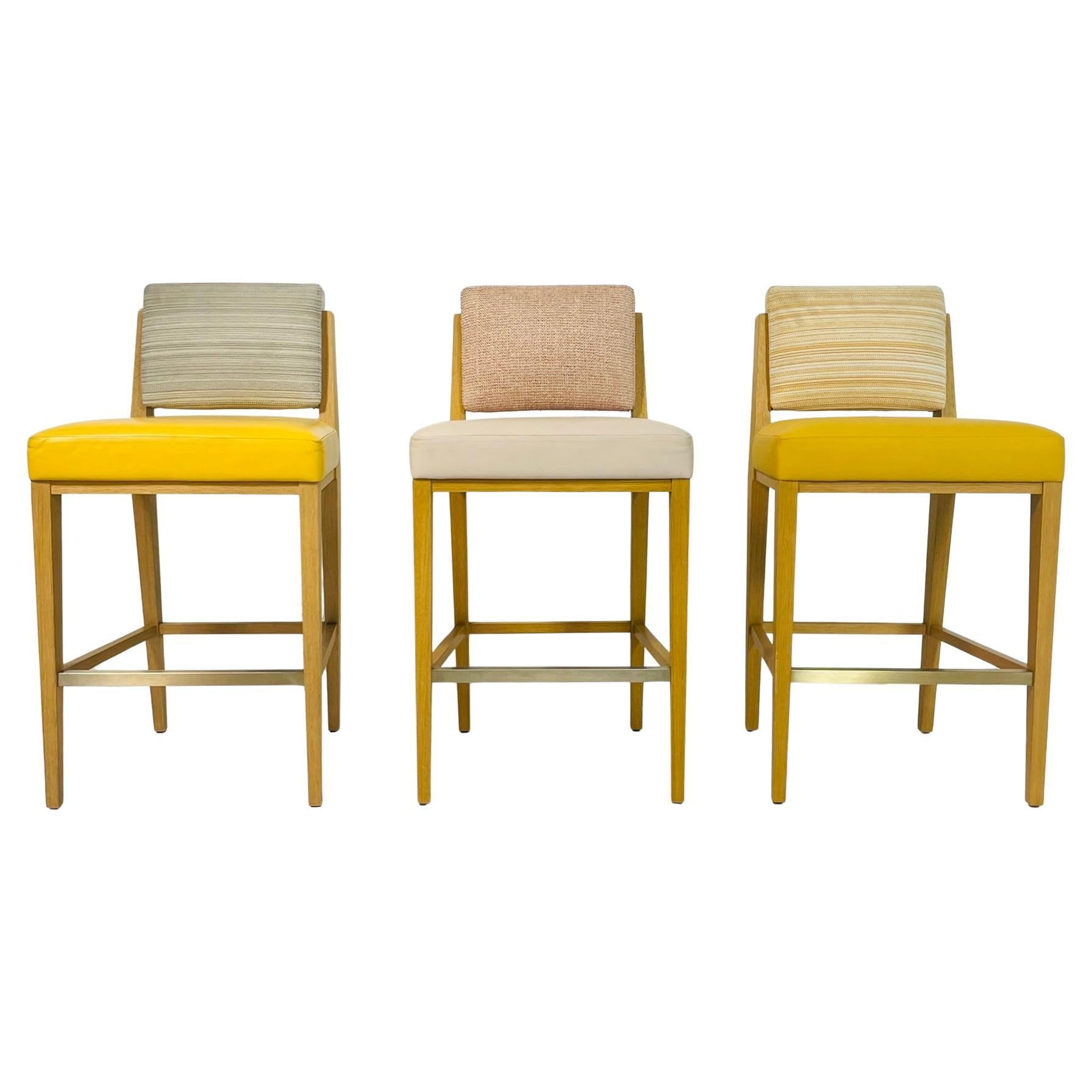 Set of 3 Modern Oak Counter Stools with Leather Seats and Upholstered Backs