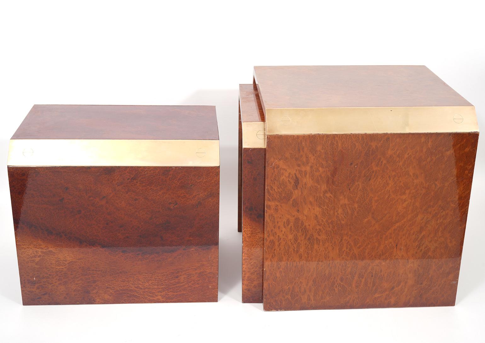 20th Century Set of 3 Modern Tommaso Barbi Made in Italy Brass and Wood Nesting Tables