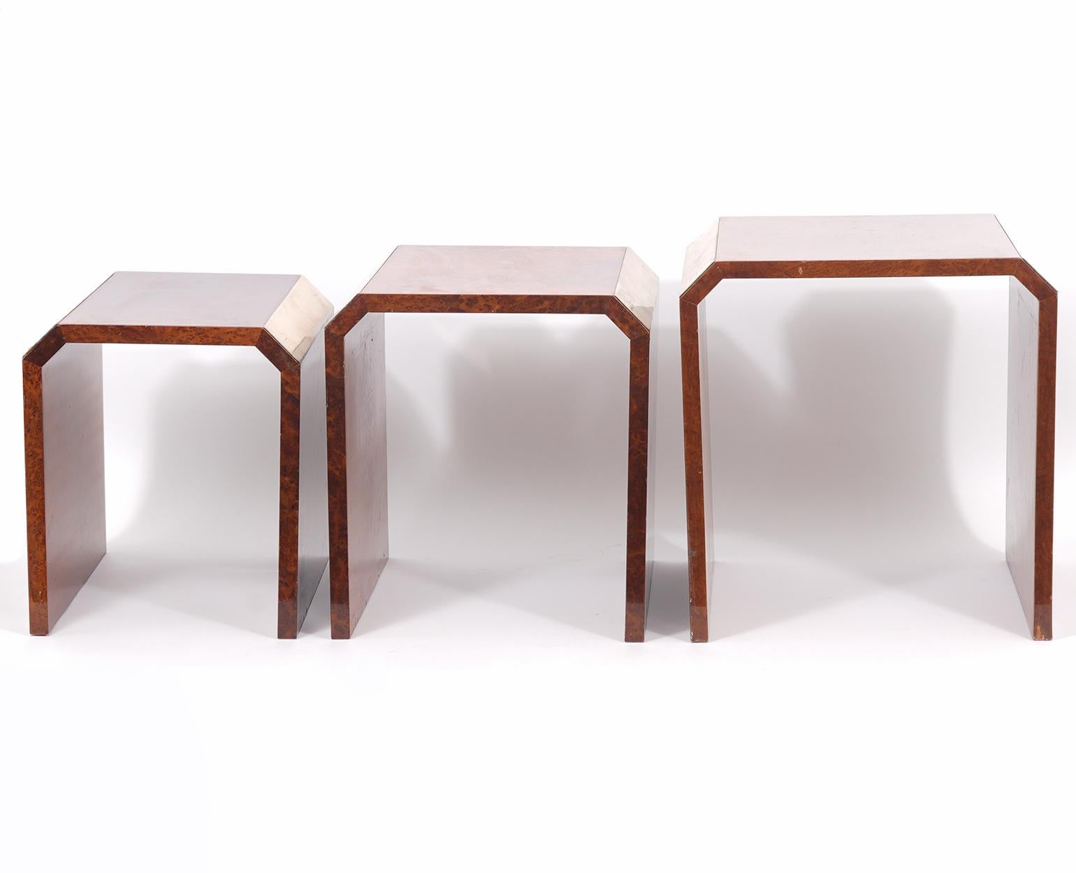 Set of 3 Modern Tommaso Barbi Made in Italy Brass and Wood Nesting Tables 2