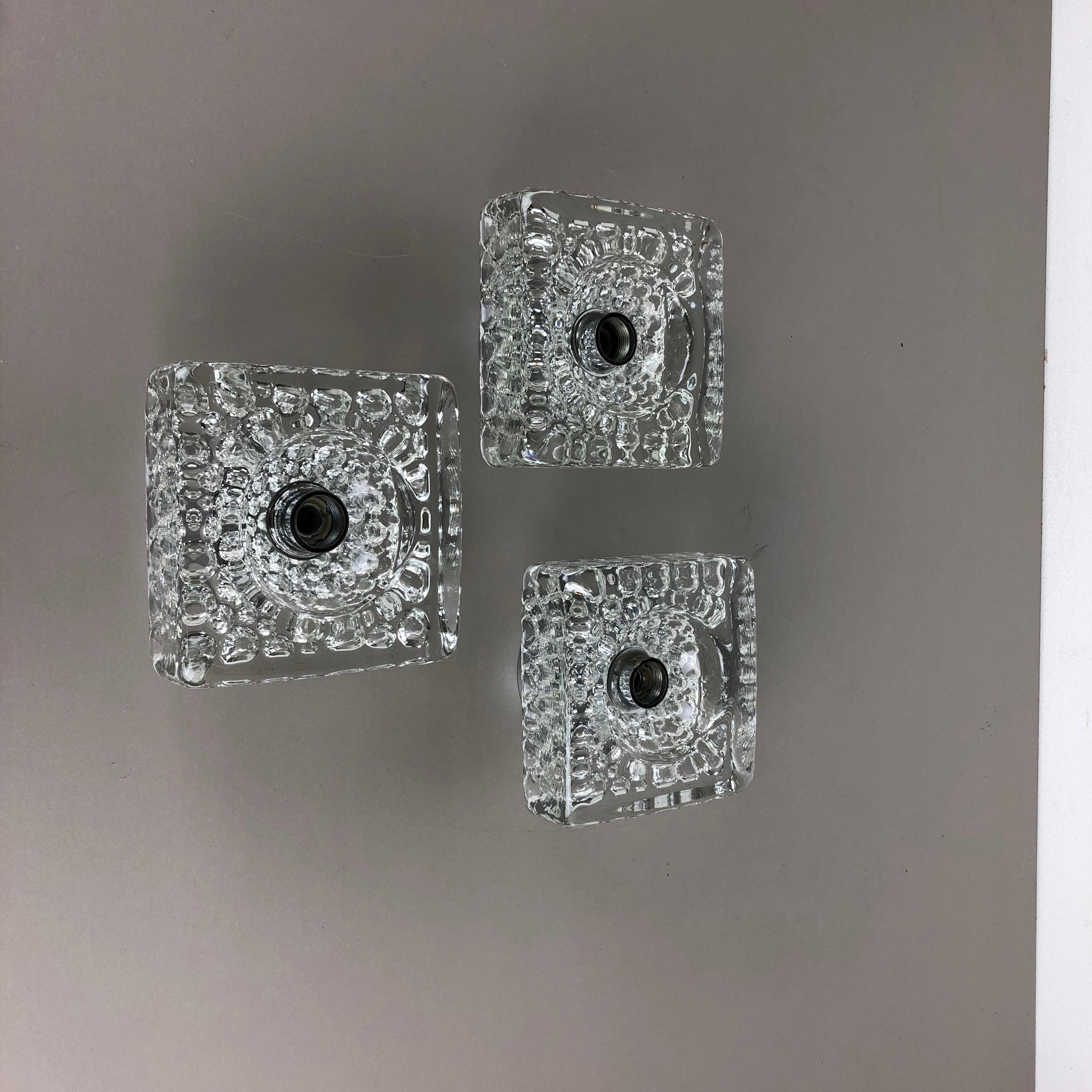Set of 3 Modernist Ice Cube Glass Wall Light Made by Hillebrand, Germany, 1970s 13