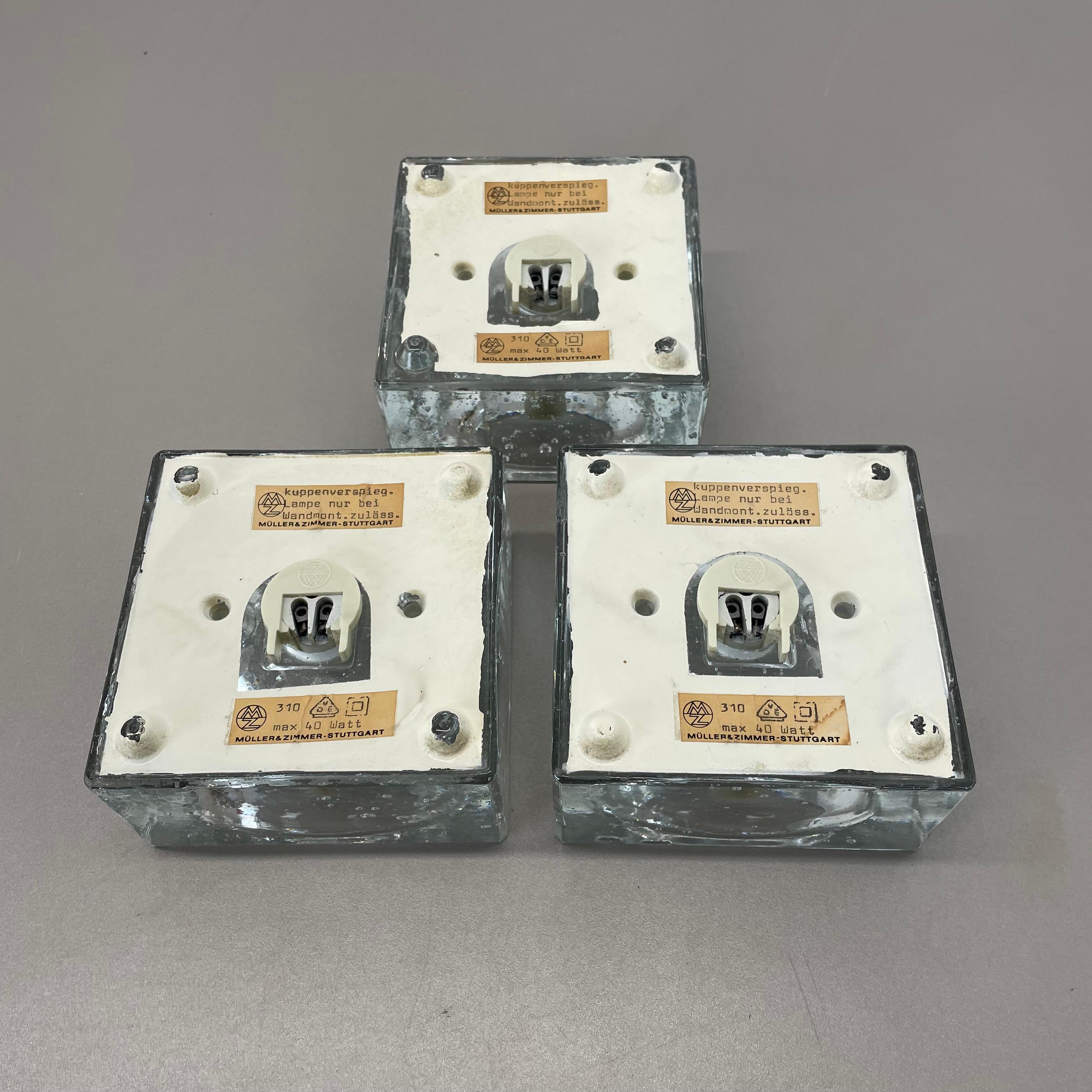 Set of 3 Modernist Ice Cube Glass Wall Lights, Germany, 1970s 11