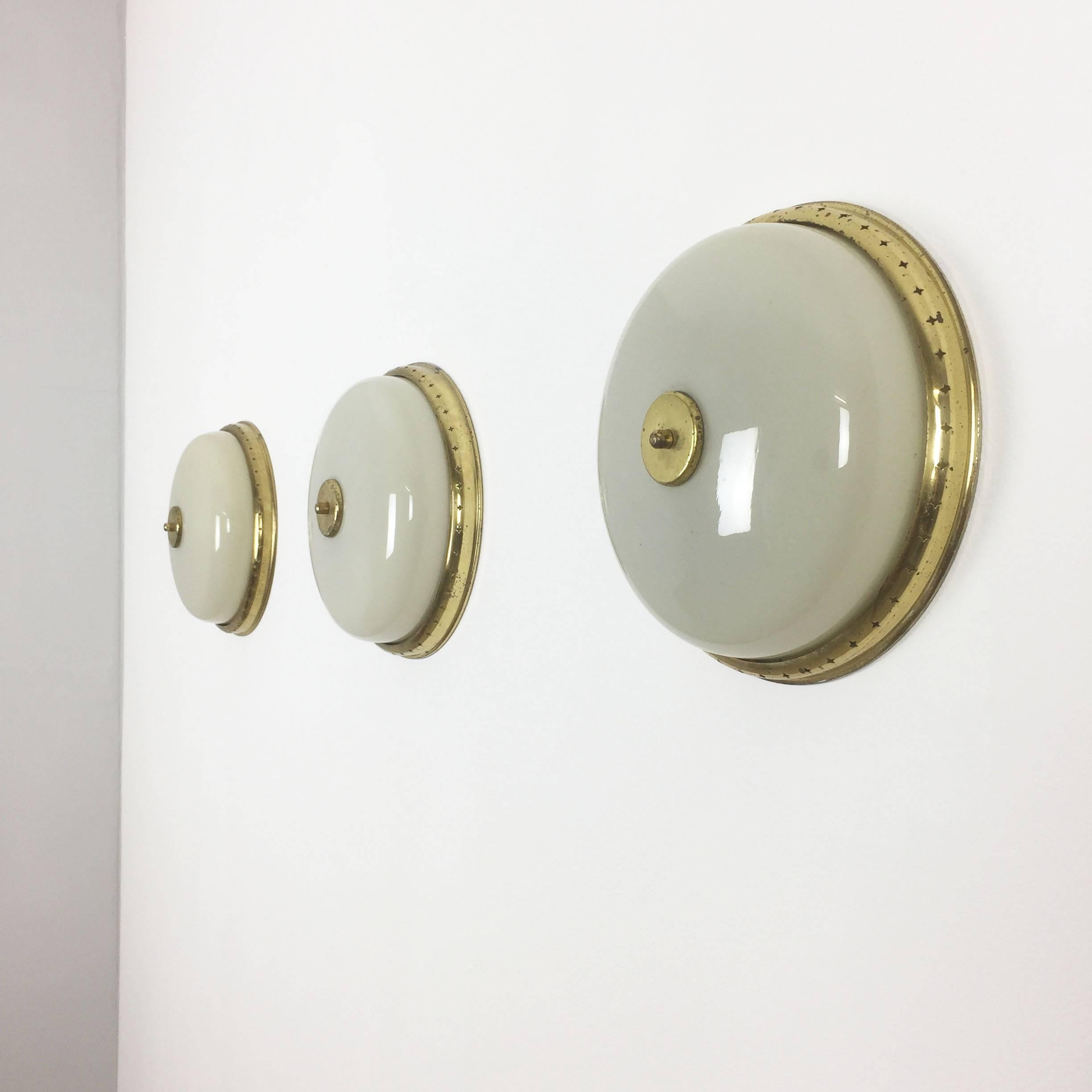 Mid-Century Modern Set of Three Modernist Metal, Brass and Glass Wall Light Sconces Made in Italy